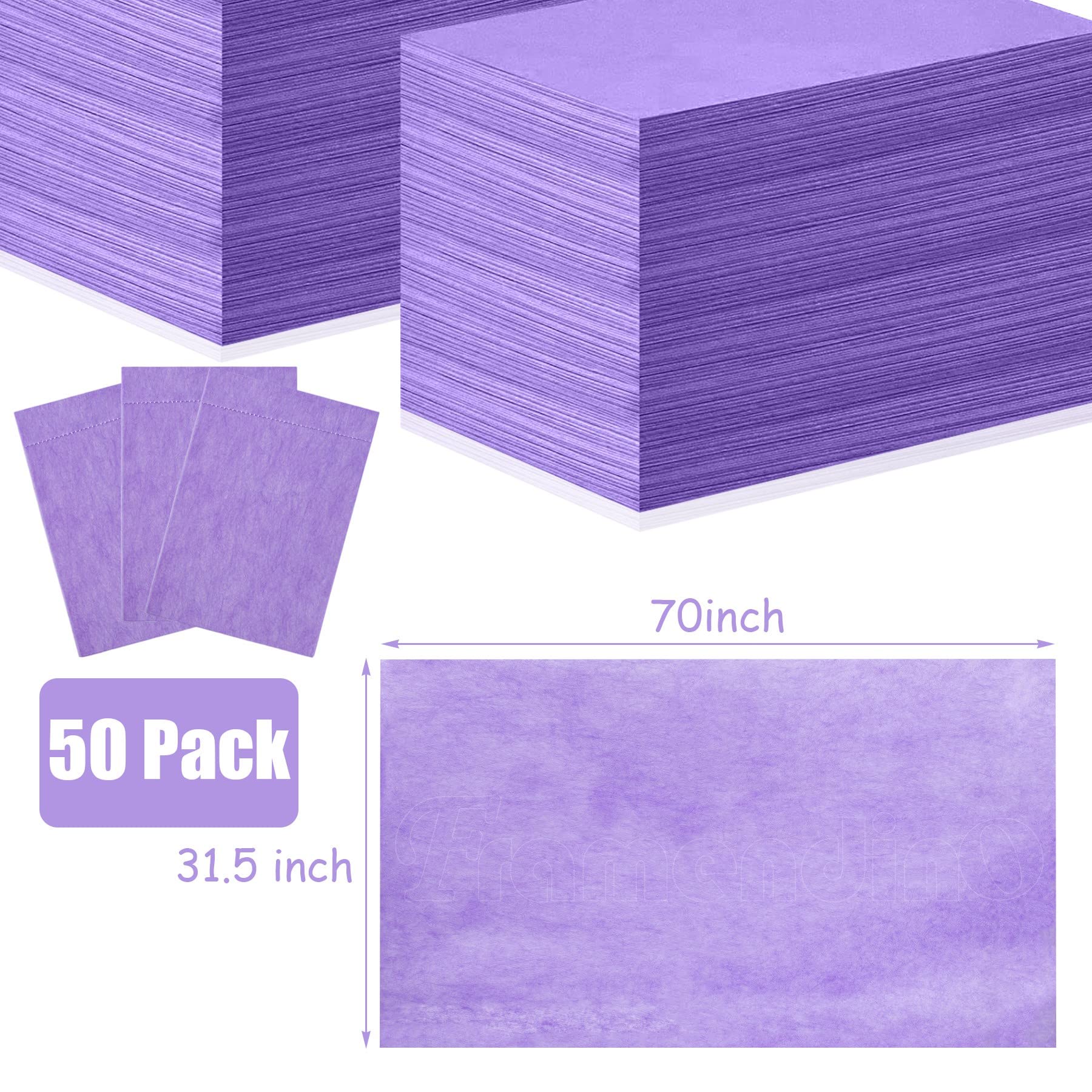 Framendino, Paquete de 50 sábanas desechables moradas para mesa de masaje, tela no tejida, transpirable, para silla de salón de belleza, camas de pestañas de hotel, 31 x 70 pulgadas