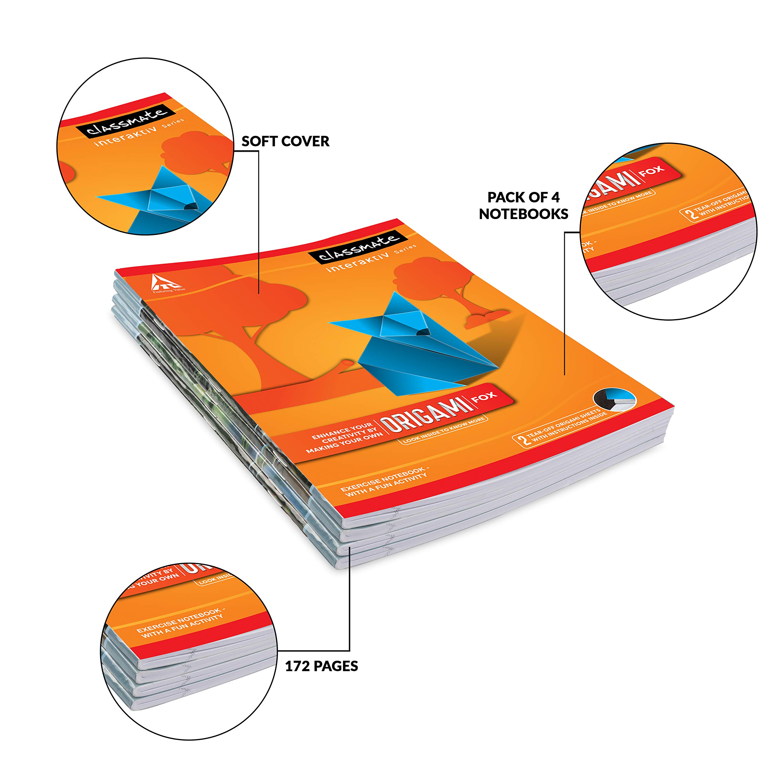 Classmate Origami Notebooks - Single Line, 172 Pages, 240 mm x 180 mm - Pack of 4 (02001283AZBL) 3