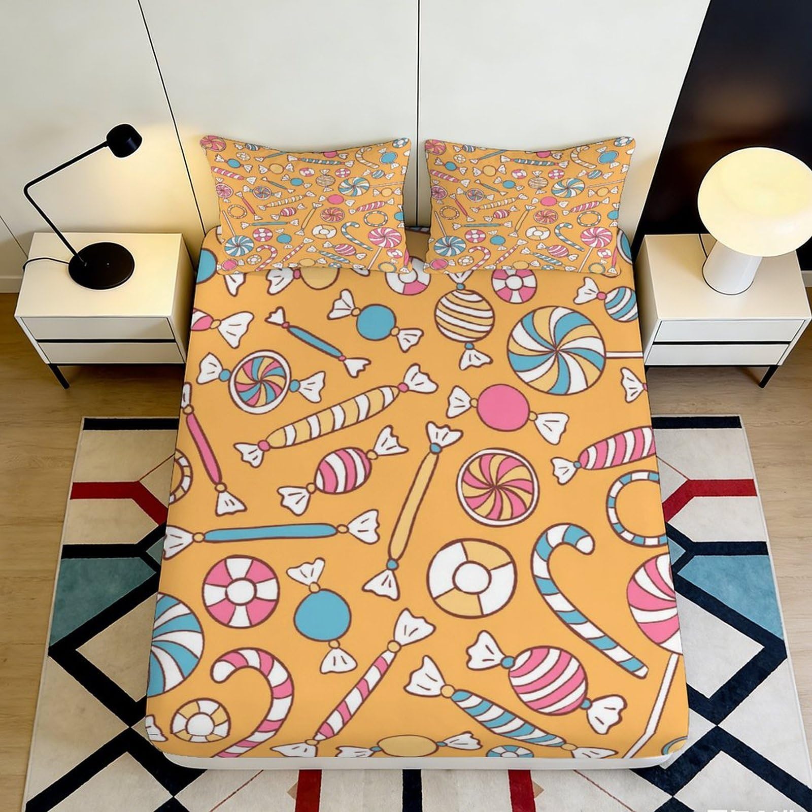 Zfldkwgb Style-7 3D Printed Candy Sweets Fitted Sheet Microfiber Soft Anti-Slip Lollipop Bed Cover For Bedroom Dorm Decor Easy Care 90X200x25cm