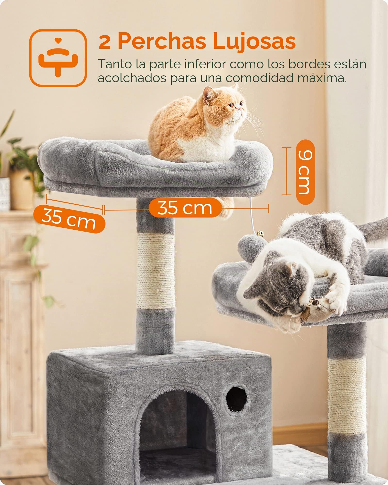 Feandrea Árbol para Gatos de Altura 143 cm, Torre para Gatos, con 11 Postes Rascadores, 2 Plataformas, 1 Cueva, 1 Hamaca, 2 Pompones, Tela de Felpa, Multinivel, Gris Claro PCT15W