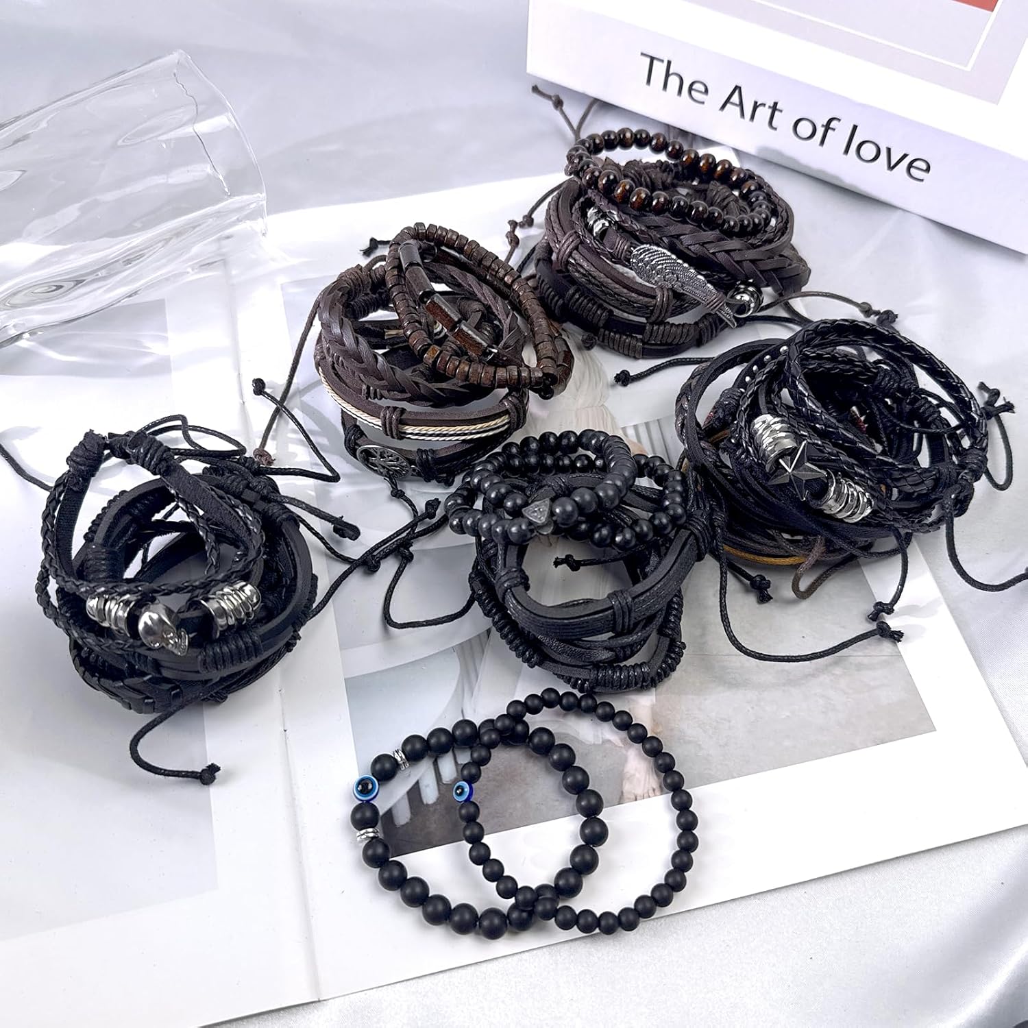 31Pcs Braided Leather Bracelets for Men Women Punk Wrap Wood Beads Bracelets Adjustable Hemp Cords Ethnic Tribal Handmade Wrap Wristband Punk Gothic Evil Eye Skull Skeleton Bracelet - Image 5