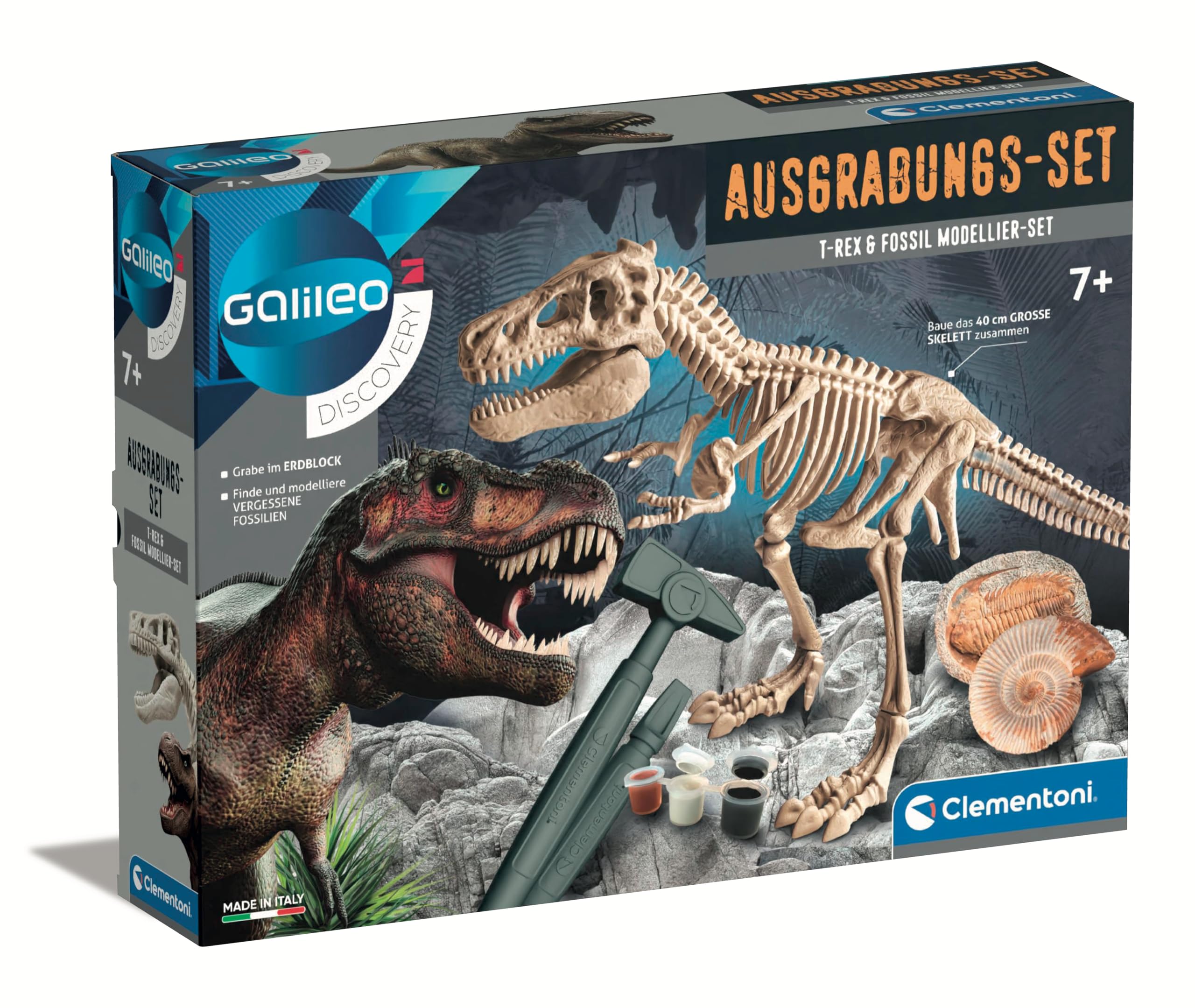 Clementoni Clementoni 59311 Galileo Discovery – Juego de excavación T-Rex & Fossil – Juego de investigador con Esqueleto de Dinosaurio Que Incluye Martillo, cincel y Pasta de Modelado para niños a