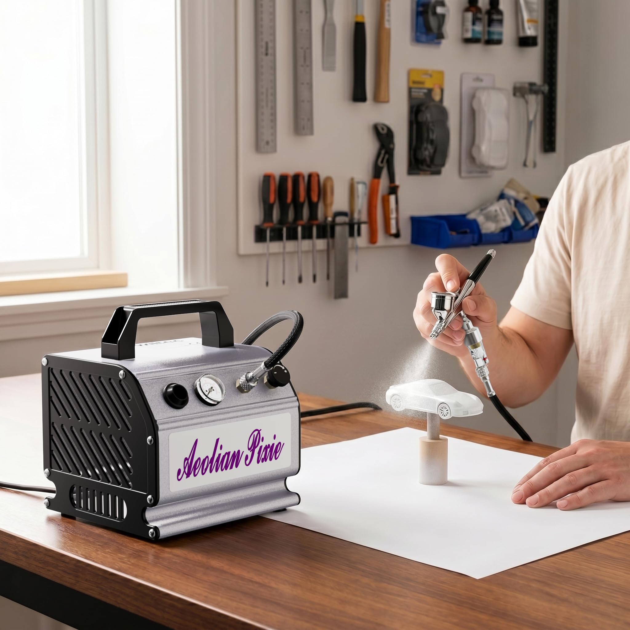 Wiltec Compresseur à membrane Aérographe Airbrush AS176 – Monocylindrique, portatif, silencieux – 3 bar – Diaphragme – Sans huile – Pour aérographie, modélisme, manucure, tatouage