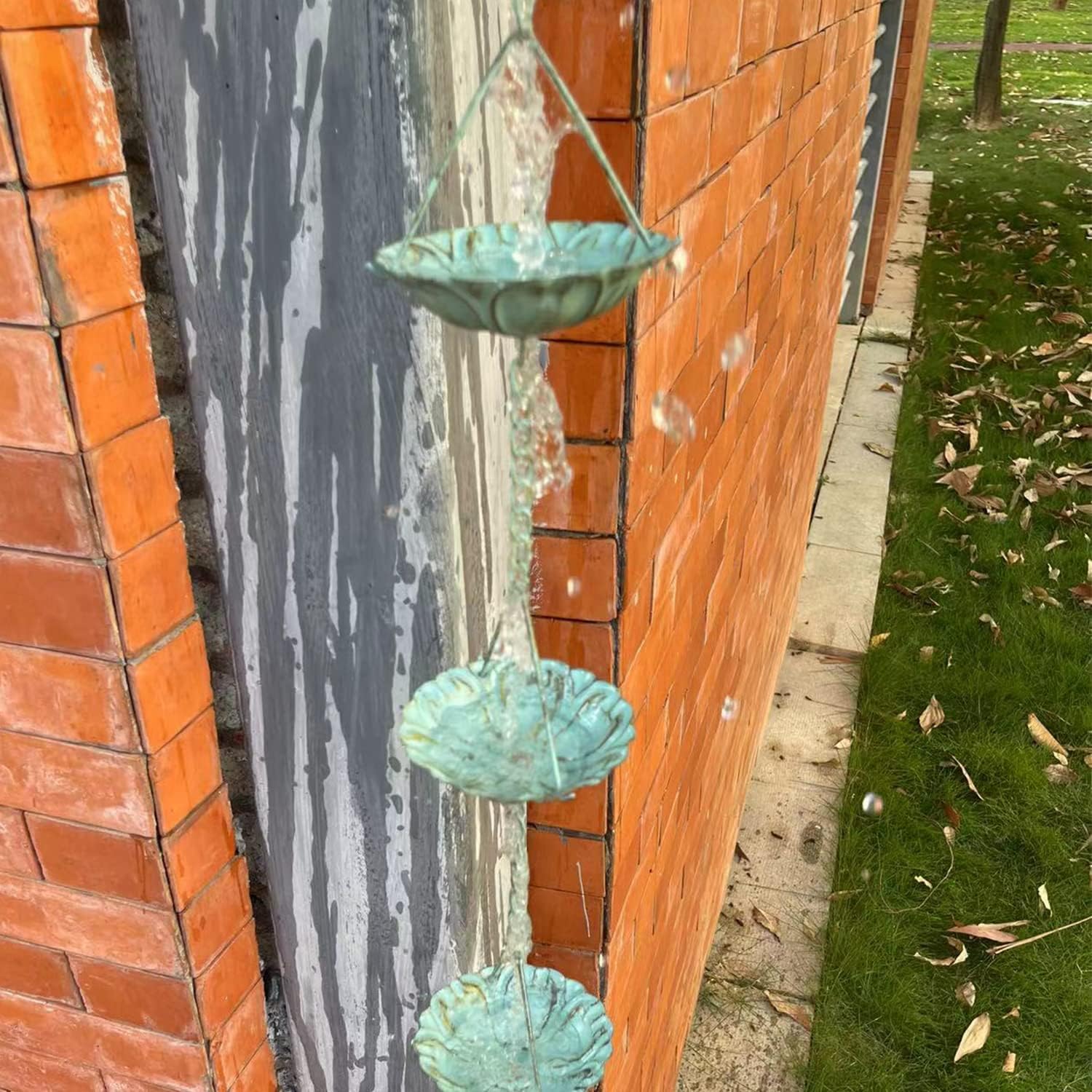 Jemeni 12-Cup Water Lily Rain Chain for Gutters 8.5ft, Green Patina Iron Easy-Install Gutter Chain Alternative, Outdoor Garden & Patio Decor