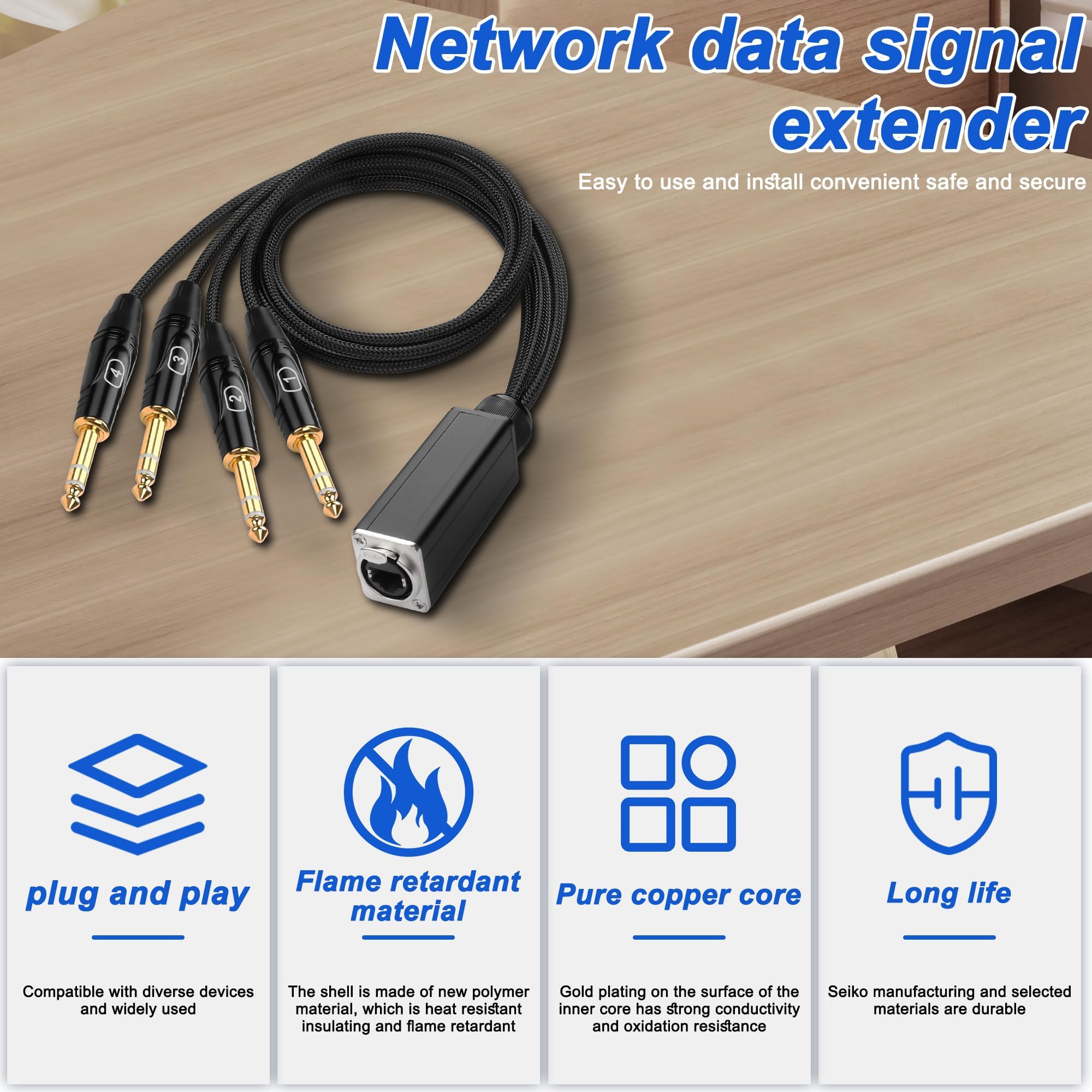 XMSJSIY 1/4" TRS Audio Snake 4-Kanal Multi Over RJ45 Ethercon Cat5/6 zu 6.35mm TRS Netzwerk Extender Kabel für Bühne Sound und Recording Studio (A)