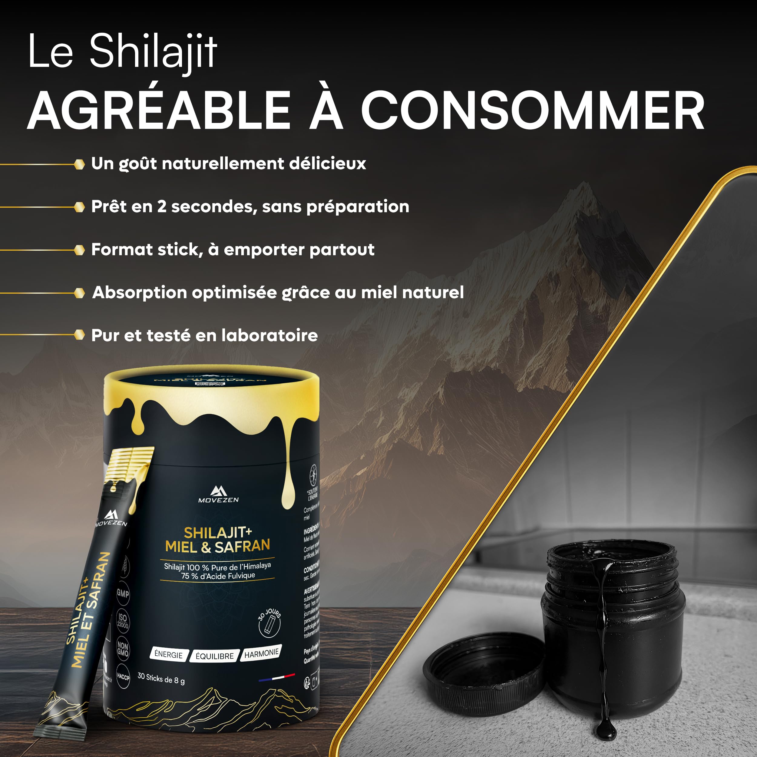Shilajit+ Miel & Safran Bio, Résine Authentique 100% Pure de l’Himalaya, Énergie Durable, Vitalité, Concentration, 30 Sticks de 8 g, Riche en Acide Fulvique & Humique, 85+ Minéraux