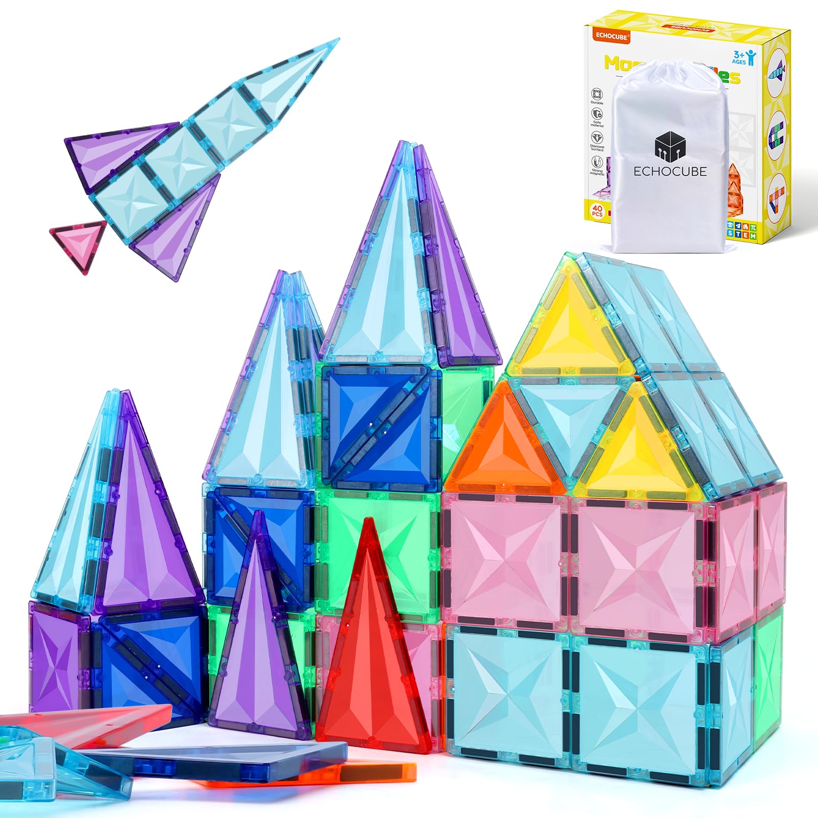 ECHOCUBE Magnetbausteine, 40 STK Magnetische Bausteine für Kinder, pädagogisches Konstruktionsspielzeug mit Magneten, Geburtstagsgeschenk für Jungen und Mädchen ab 3 Jahren
