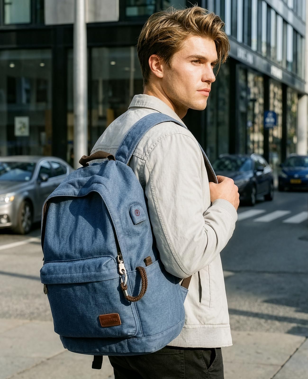 Muzee Zaino in tela con porta di ricarica USB per uomo e donna, leggero, antifurto, da viaggio, università, studente, zaino per laptop fino a 15,6 pollici, Blu, S, Casual