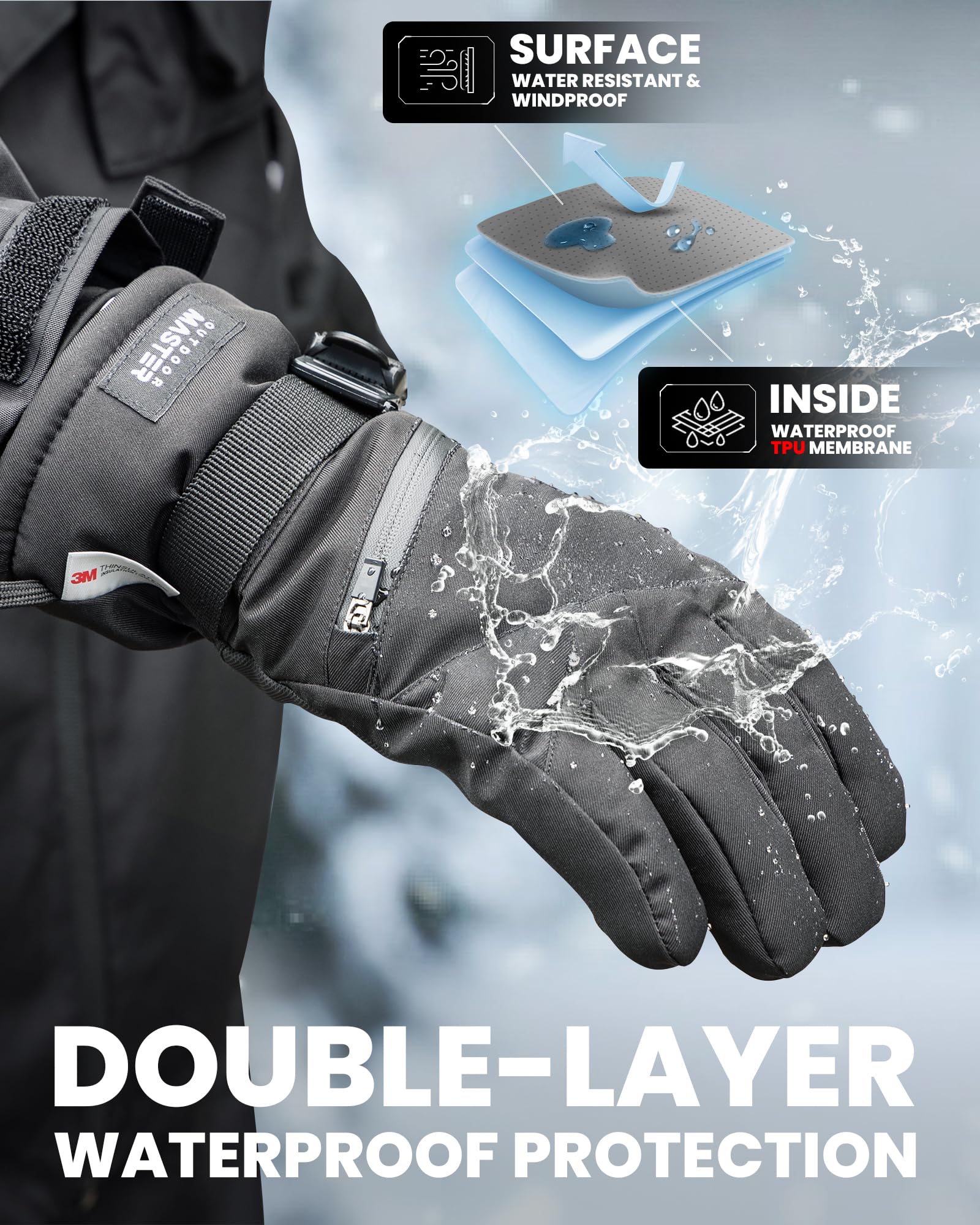 OutdoorMaster Rękawice narciarskie dla kobiet i mężczyzn, 3M Thinsulate zimowe ciepłe rękawice snowboardowe ekran dotykowy, termiczne, wodoodporne, z podwójną kieszenią, do jazdy na nartach