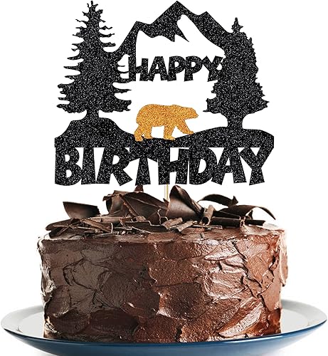 Decoración de pastel de oso para decoración de fiesta de cumpleaños, suministros de fotos, decoración de pastel de feliz cumpleaños con purpurina