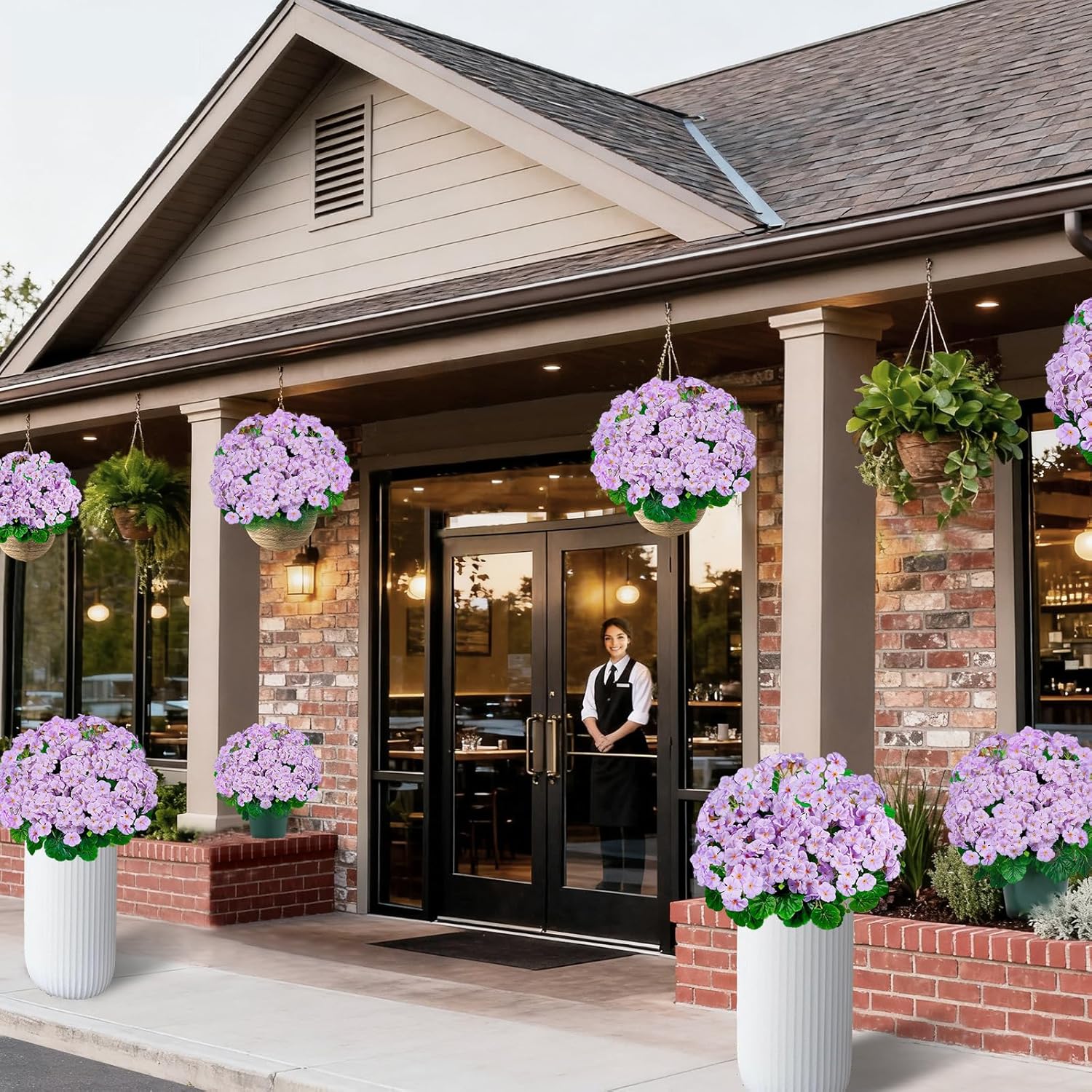 Artificial Handmade Geraniums with Flowers Scent 2 Pots Pink White Purple Lavender Lifelike Faux Geraniums Bushes Fake Flowers for Wedding Party Home Office Indoor Outdoor Plants Decor