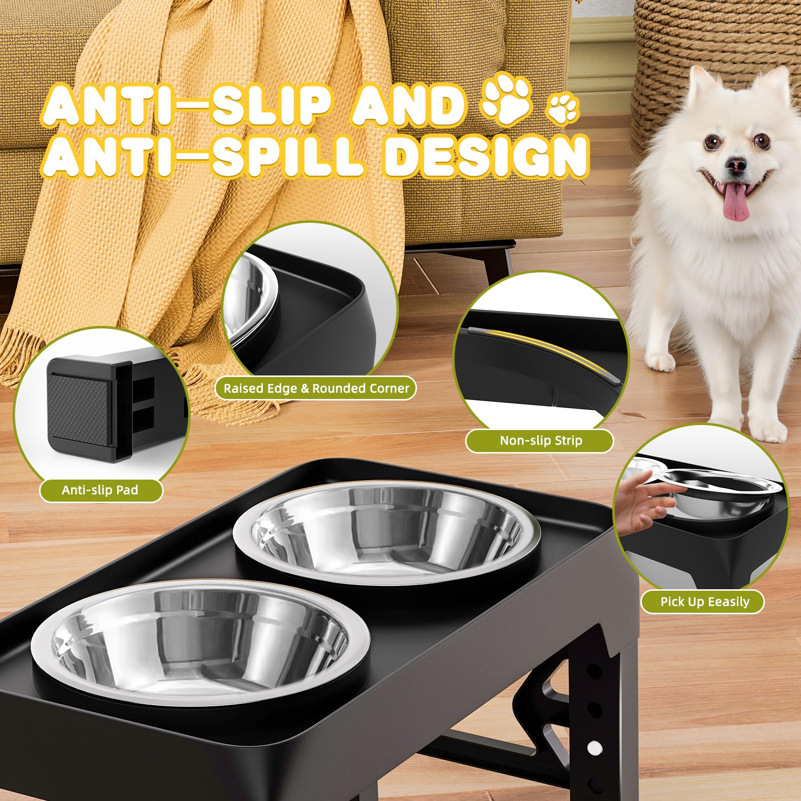 Gamelles surélevées pour chien à 5 hauteurs réglables en hauteur avec 2 gamelles de nourriture pour chien en acier inoxydable - Support antidérapant - Réglable à 9 cm, 22,9 cm, 25,4 cm, 27,9 cm, 30,8