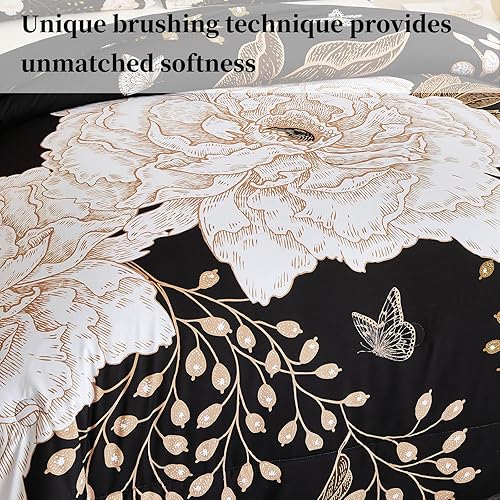 Miniatura 4 de PERFEMET Juego de edredón floral tamaño King, patrón de flores botánicas blancas y hojas doradas impresas en diseño negro, suave, reversible, estilo