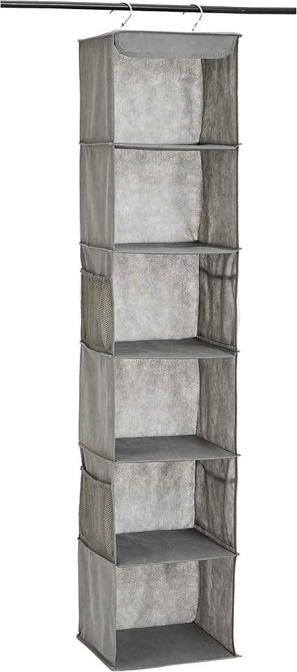 Amazon Basics 6-Tier Hanging Closet Shelf Organizer with Pockets, Clothes Storage for Sweaters and Clothing, 12" W x 9" L x 8.5" H