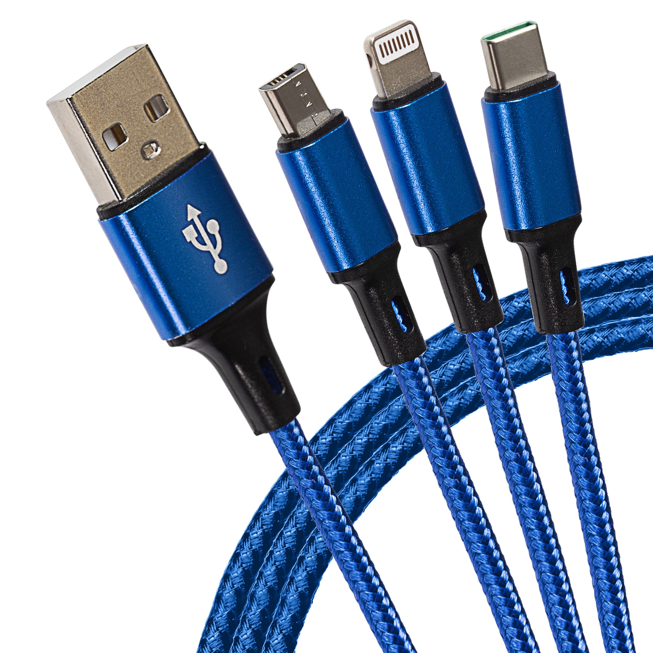 Maplin USB-A to 3 in 1 Multi Charging Cable USB-C & Lightning & Micro USB-B Braided 1.2m Blue, for iPhone 15,14,13,12,11, iPad, Android phones Samsung S7/S6/S5, Sony, Huawei, PS4, HTC, Kindle, Camera