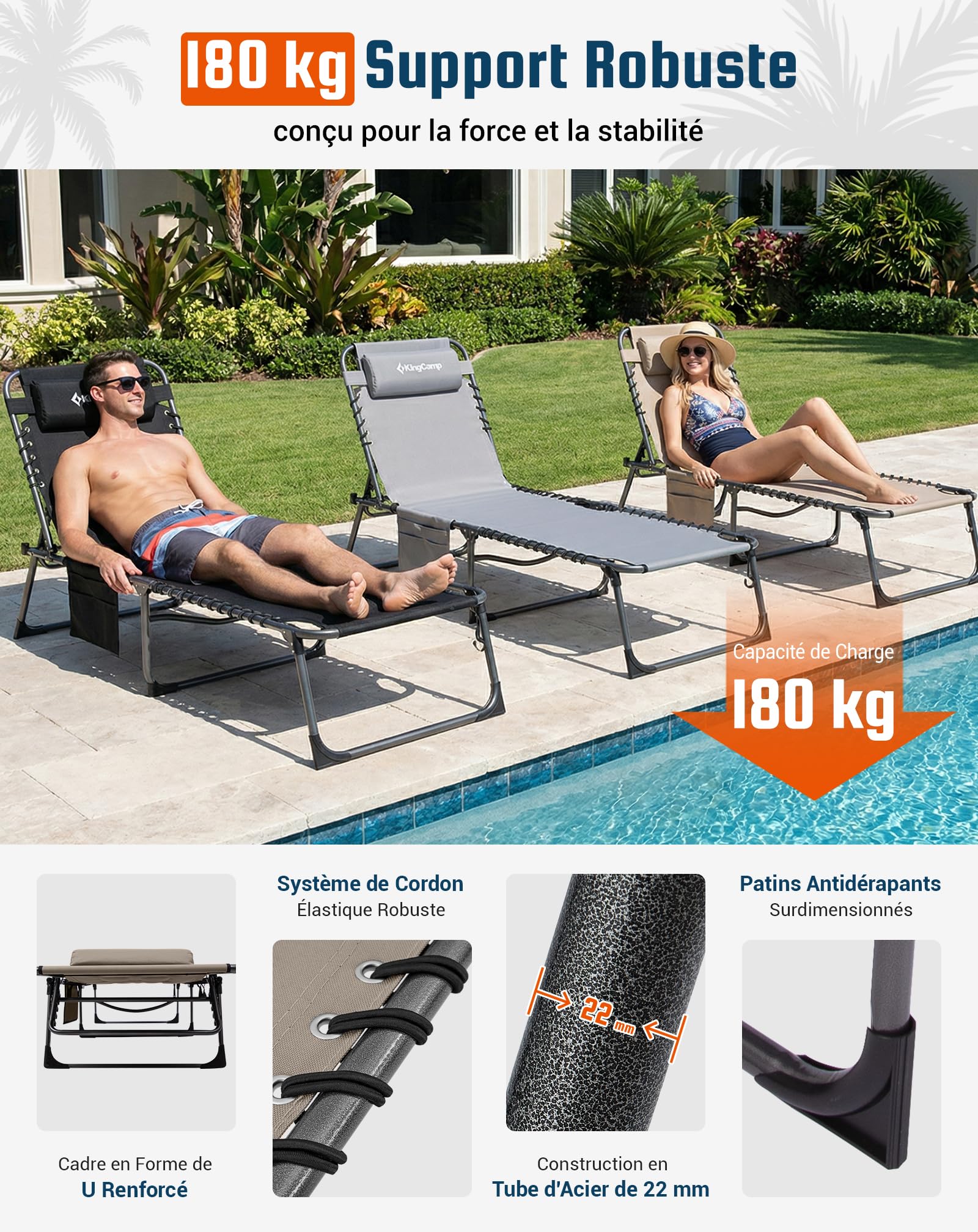 KingCamp Bain de Soleil Pliant 5 Positions Réglable Jusqu'à 180 kg, Beige | Chaise Longue Inclinable Pliable pour Jardin, Anti-Pincement Appuie-Tête Poche, Transat de Relaxation Pliant, Plage Camping
