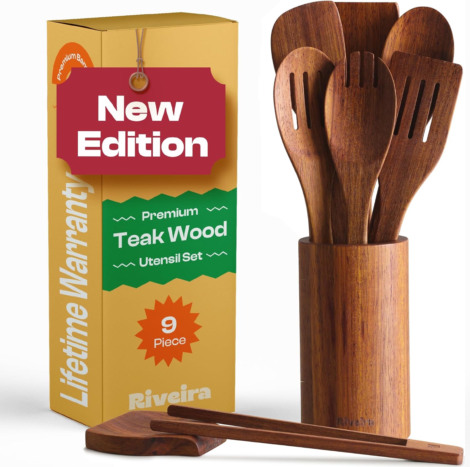 Riveira Teak Wooden Spoons for Cooking Set of 9 – Natural Teak Wooden Cooking Utensils, Wooden Spatula, Wooden Spoon - Premium Quality Wooden Utensil Set for Non-Toxic Cooking Set of 9 Teak