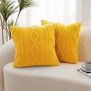 Throw Pillow Covers Set of 2 -Handknit Decorative Throw Pillow Covers,Wool Woven Cushion Covers,Chunky Yarns Couch Pillow Covers for Sofa Living Room Home Decor,Straw,16x16 Inch