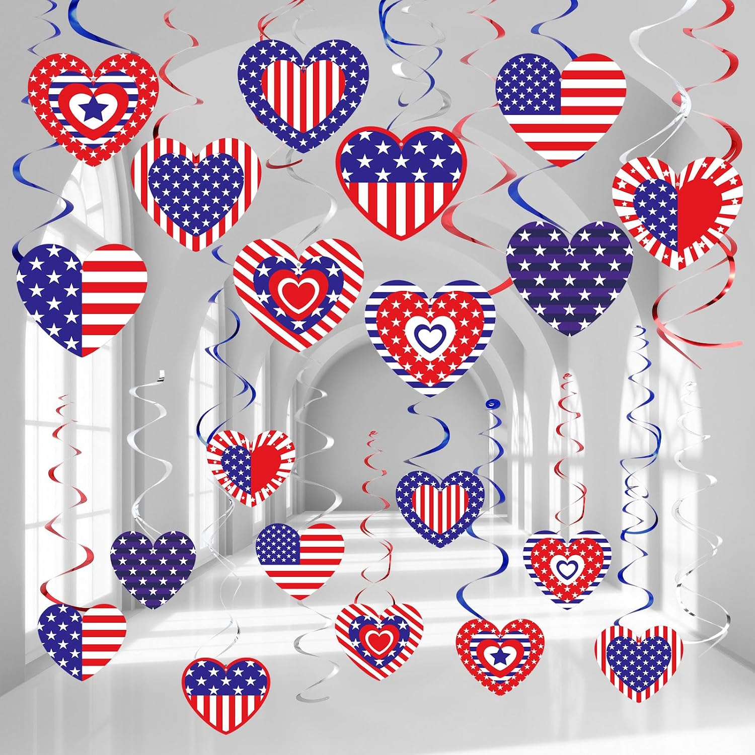 Marspark 50 Pack Patriotic Foil Hanging Swirl 4th of July Office Decoration Red White and Blue Decor American Flag Star Ceiling Hanging Decor for 250th Aniversary Independence Day Home(Heart Style)