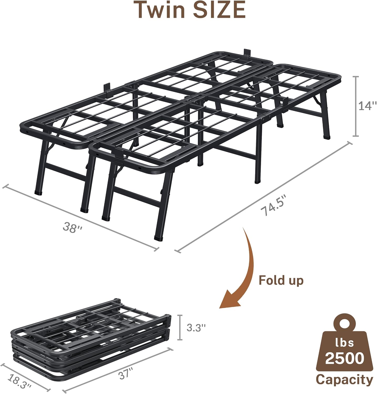 14 Inch Twin Metal Bed Frame Folding Bed Frame Tool-Free Assembly Mattress Foundation No Box Spring Needed Platform 2500lbs Heavy Duty Steel Slats, Noise-Free, Easy Assembly, Black - Image 3