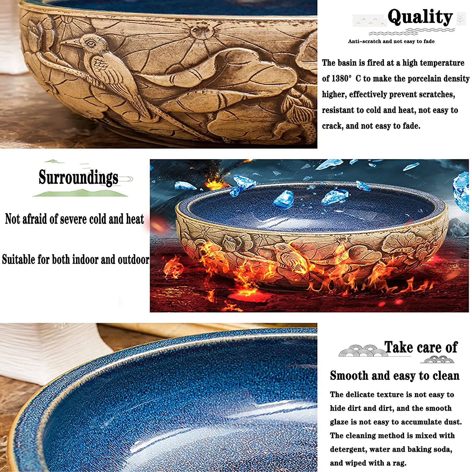 Uniwersalna Ceramiczna Umywalka Nablatowa Do Łazienki - Okrągła Umywalka Nablatowa W Stylu Retro, Grawerowana Ręcznie - Artystyczna Porcelanowa Umywalka Bez Kranu, D