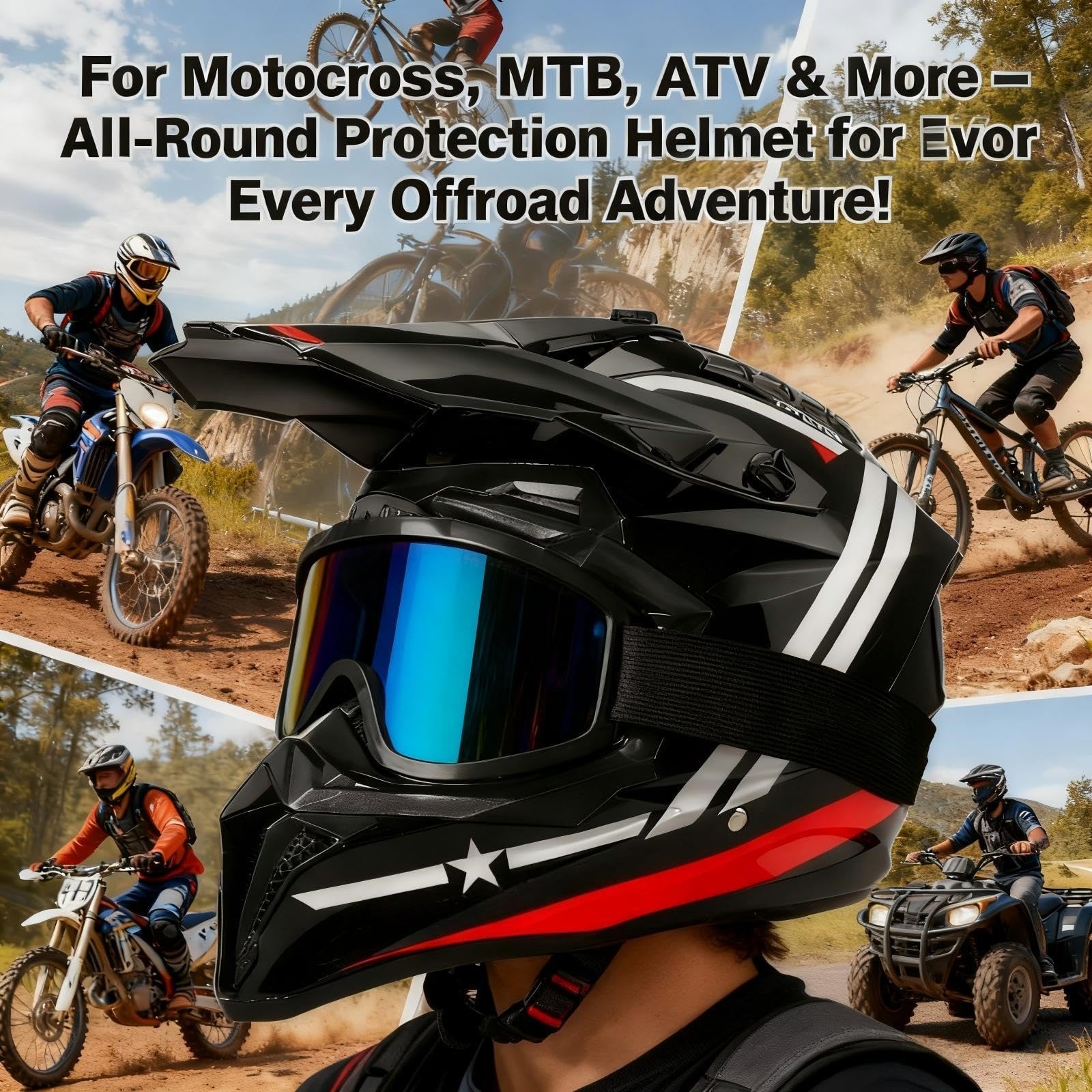 Casque Intégral de Motocross et VTT, Casque Tout-Terrain pour Adultes avec Lunettes, Masque et Gants, Casque de Moto Downhill Intégral ATV