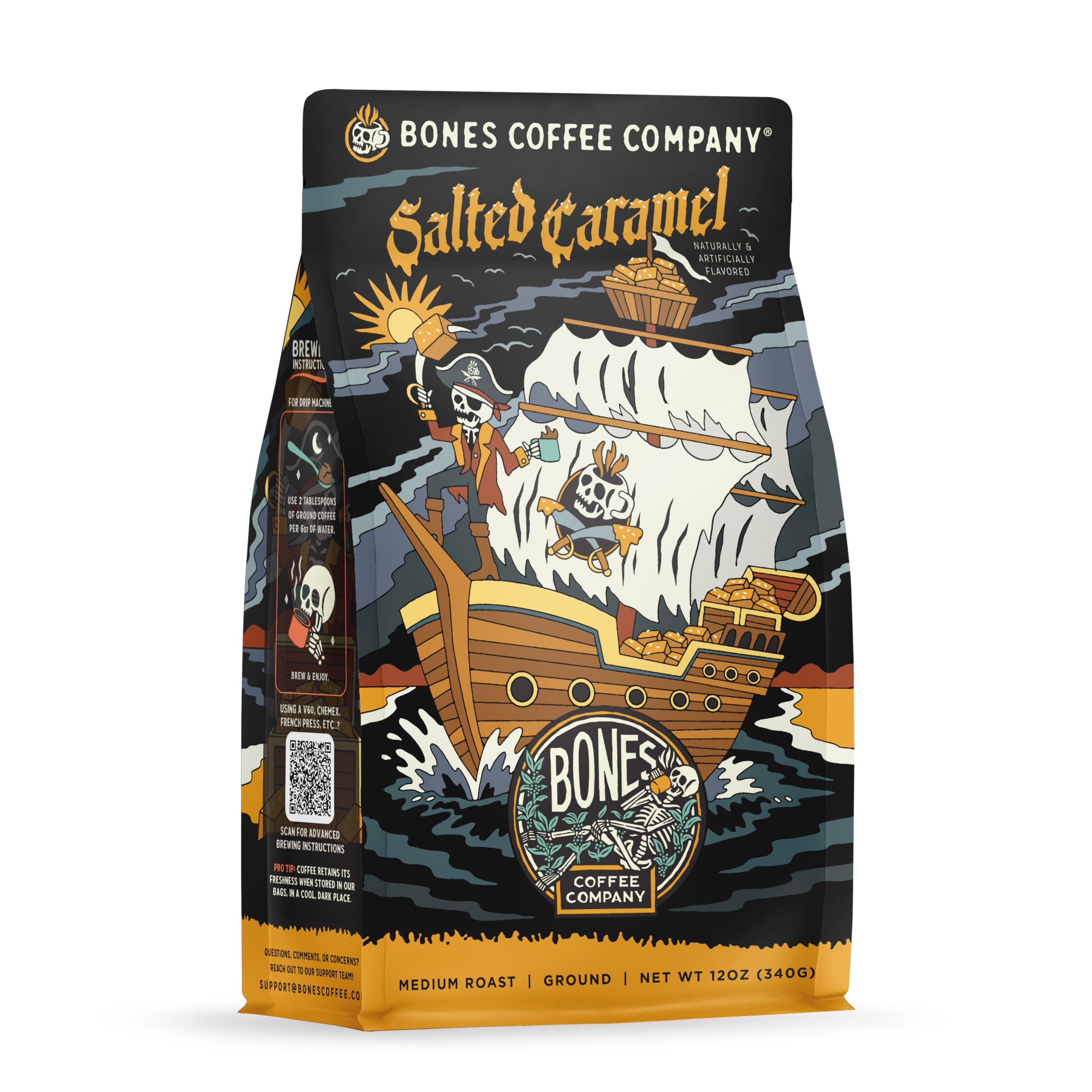 Bones Coffee Company Salted Caramel Flavored Coffee, Medium Roast Low Acid Arabica Beans Compatible with Auto drip and French Press Coffee Maker, 12 Oz Ground