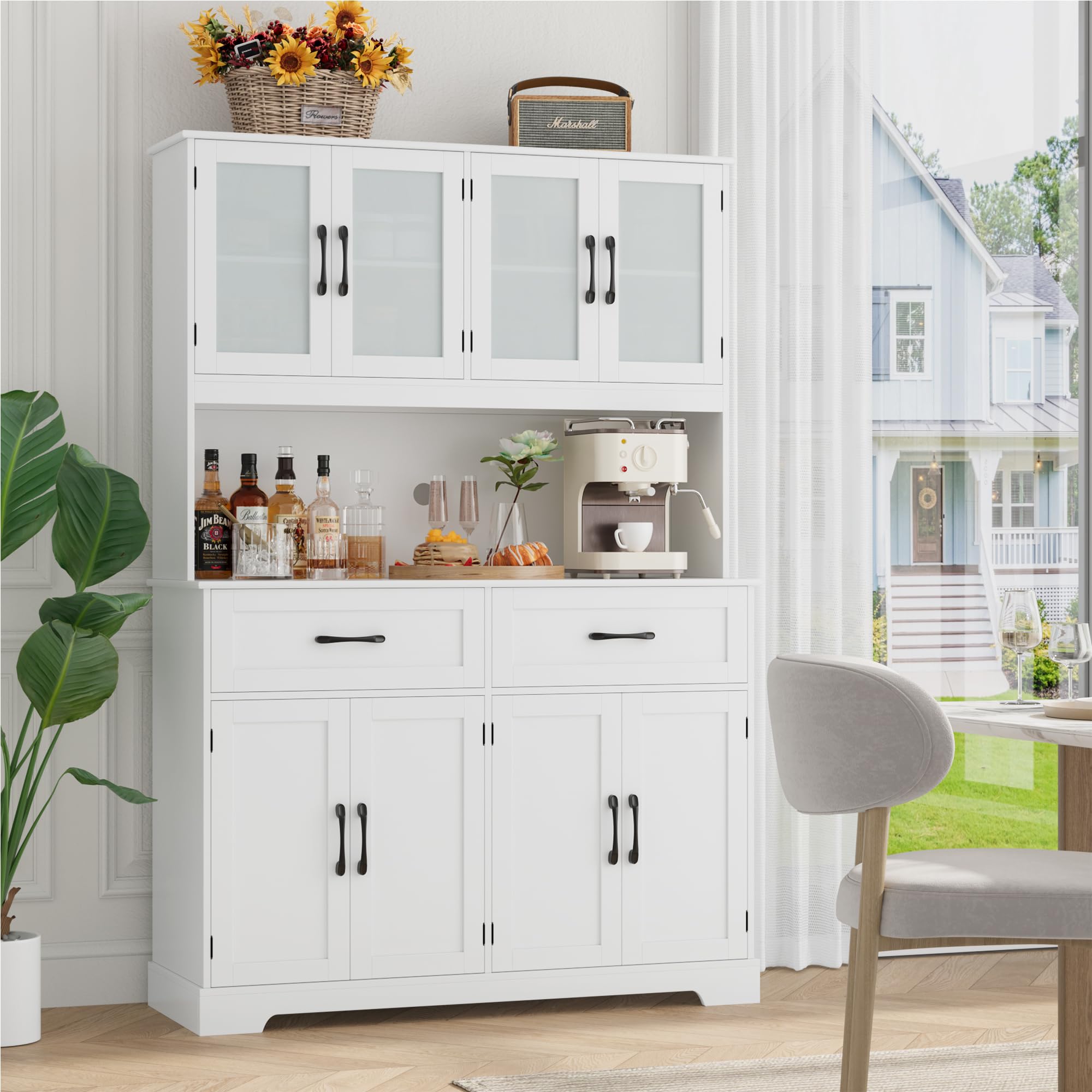 71" H Pantry Cabinet, Kitchen Hutch with Microwave Stand, Drawers, and Large Countertop, Buffet Cabinet with Hutch with Doors and Shelves for Dining Room Home Bar, White
