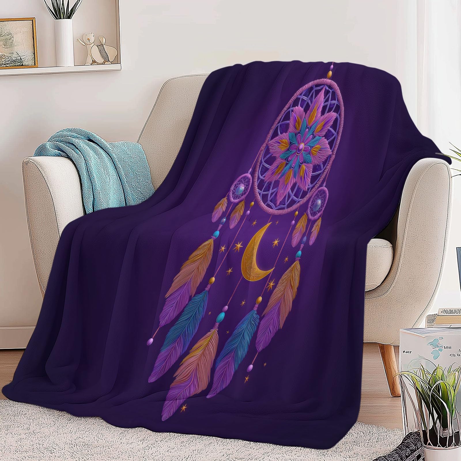 Générique Flanelowy koc 180 x 220 cm Fantastyczny łapacz snów Puszysty Księżyc Ciepły koc polarowy z mikrofibry, lekkie fioletowe koce na cały sezon do podróży, łóżka, sofy