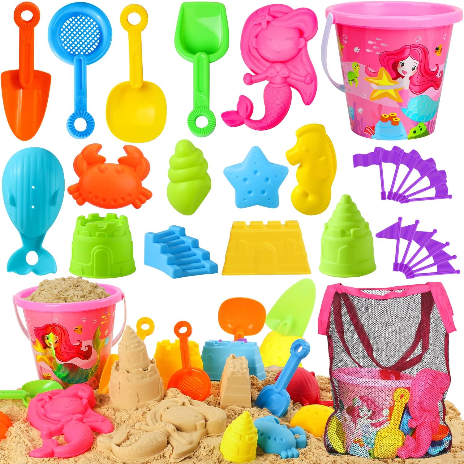 TOY Life Sand Toys for Kids 3-10, Toddler Sandbox Toys with Beach Bucket, Sand Shovels, Sand Castle Molds, Animal Molds, Mesh Bag, Sand Toy for Girl Baby Toddler