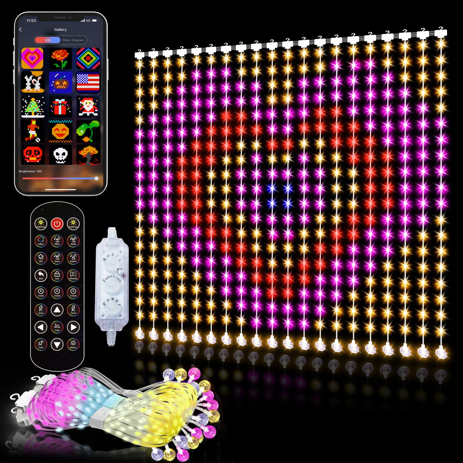 Cadena de luces inteligentes animadas para cortina, control remoto por aplicación, 6.6 x 6.6 pies, 400 LED RGB, cambio de color, impermeable, para colgar ventana, hadas, luz programable