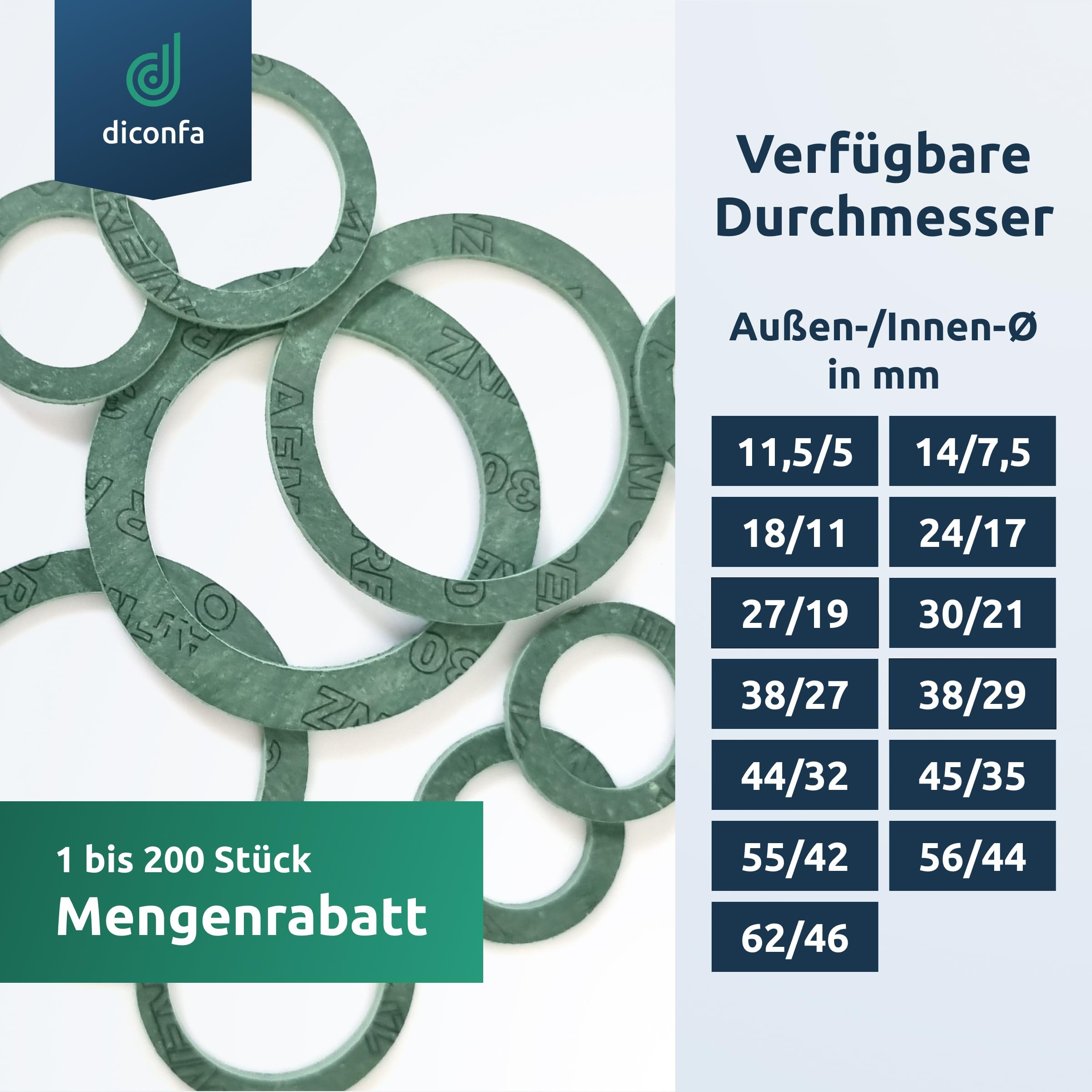 diconfa AFM30 Flachdichtung - WÄHLENBAR ==> 1/4 bis 2 Zoll - 1 bis 200 Stück // AUSWAHL: 2'' (56x44x2mm), 5 Stück - Dichtung Dichtring Dichtungsring Heizung Wasser Sanitär Solar Armatur