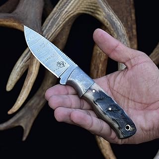 Knives Ranch Fixed Blade EDC Knife – Damascus Steel Hunting Knife – Full Tang Ranch Knife – Ram’s Horn Handle – Cowboy Style Horizontal Carry Sheath (2111-RH) - Knives Ranch