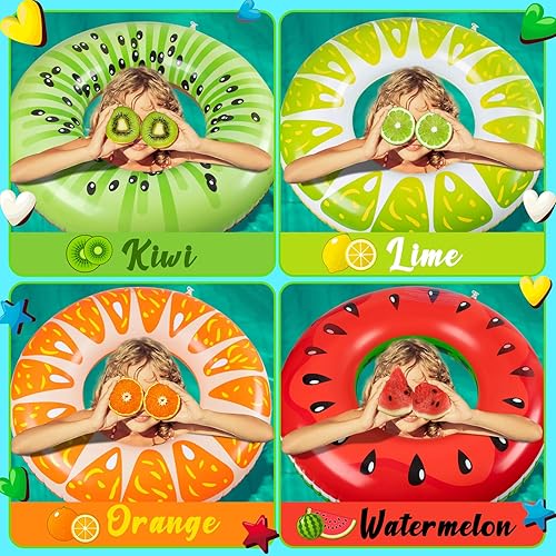 Miniatura 2 de 90shine 4 flotadores de frutas para piscina sandía, kiwi, naranja y lima, flotadores inflables para niños y adultos