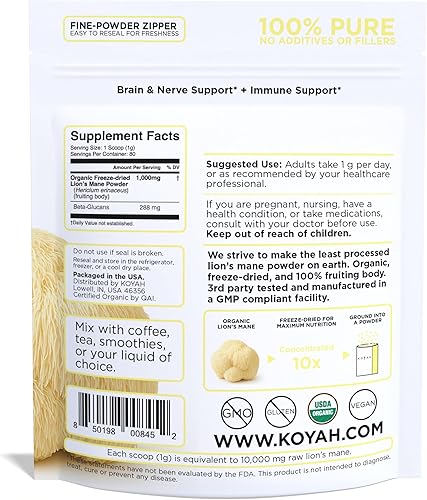 Miniatura 2 de KOYAH - Polvo orgánico de hongo melena de león - 80 porciones - Cultivado en Estados Unidos, cuerpo 100% fructífero, liofilizado, probado por