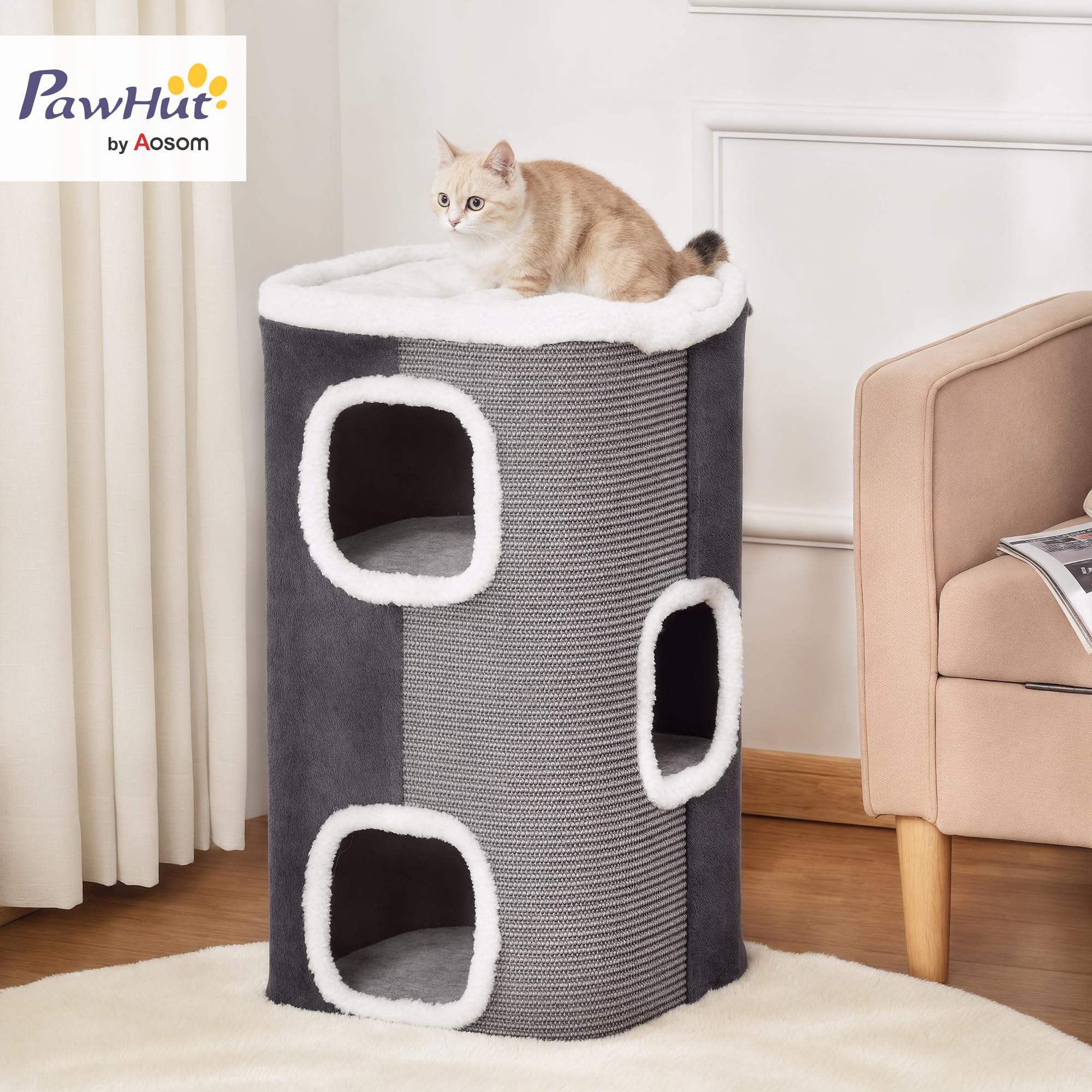 PawHut Griffoir pour Chats Arbre à Chat 3 Niveaux Arbre à Grimper pour Chats Meubles pour Chats Panneau aggloméré Polyester velouté Sisal Gris+Blanc 40 x 40 x 74 cm