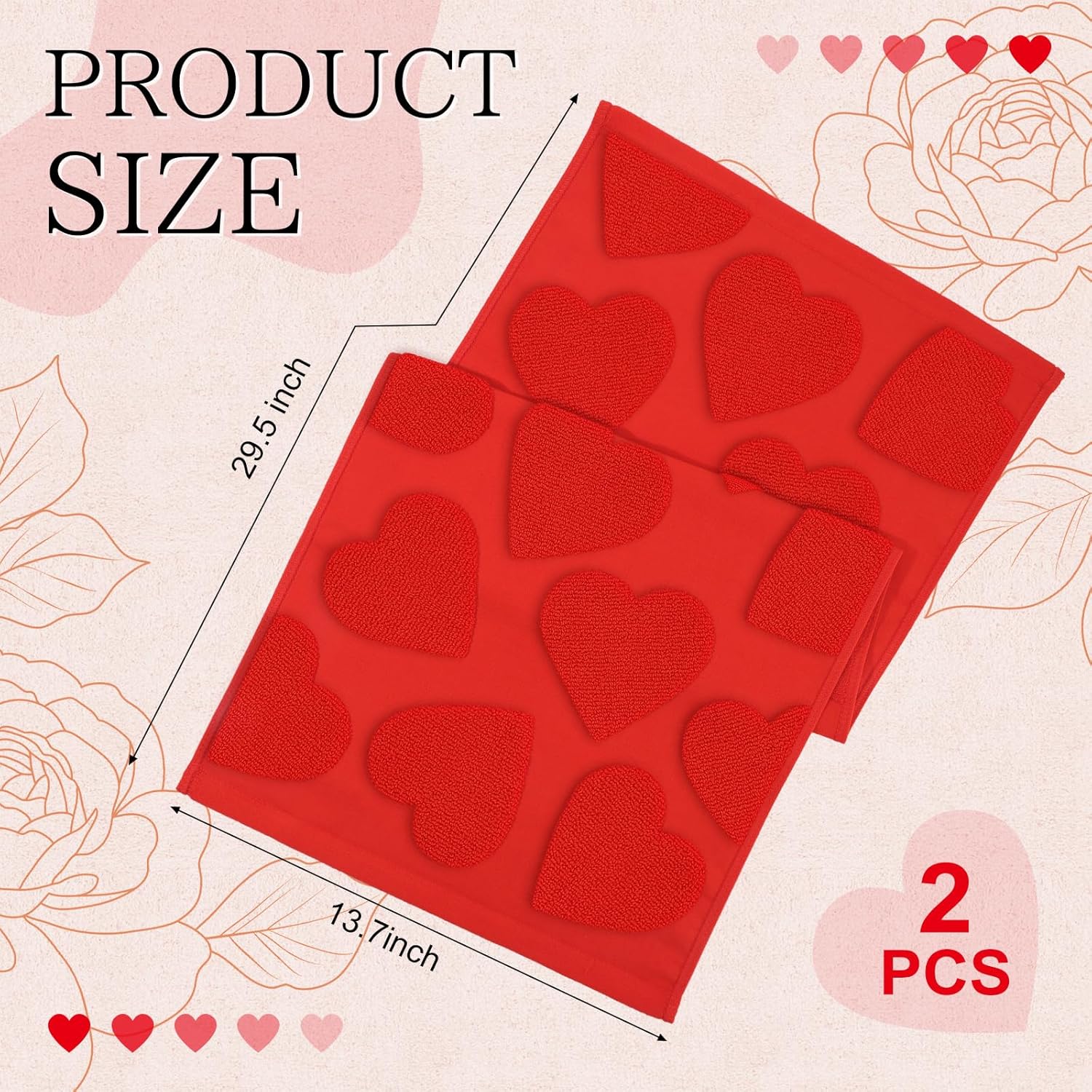 DERTE 2 Pack 3D Heart Valentine's Day Hand Towels Red Hearts 100% Cotton Bathroom Towel Red Jacquard Bathroom Decorative for Cleaning Drying Cooking Kitchen Dish Holiday Party 13.7 x 29.5 - Image 2