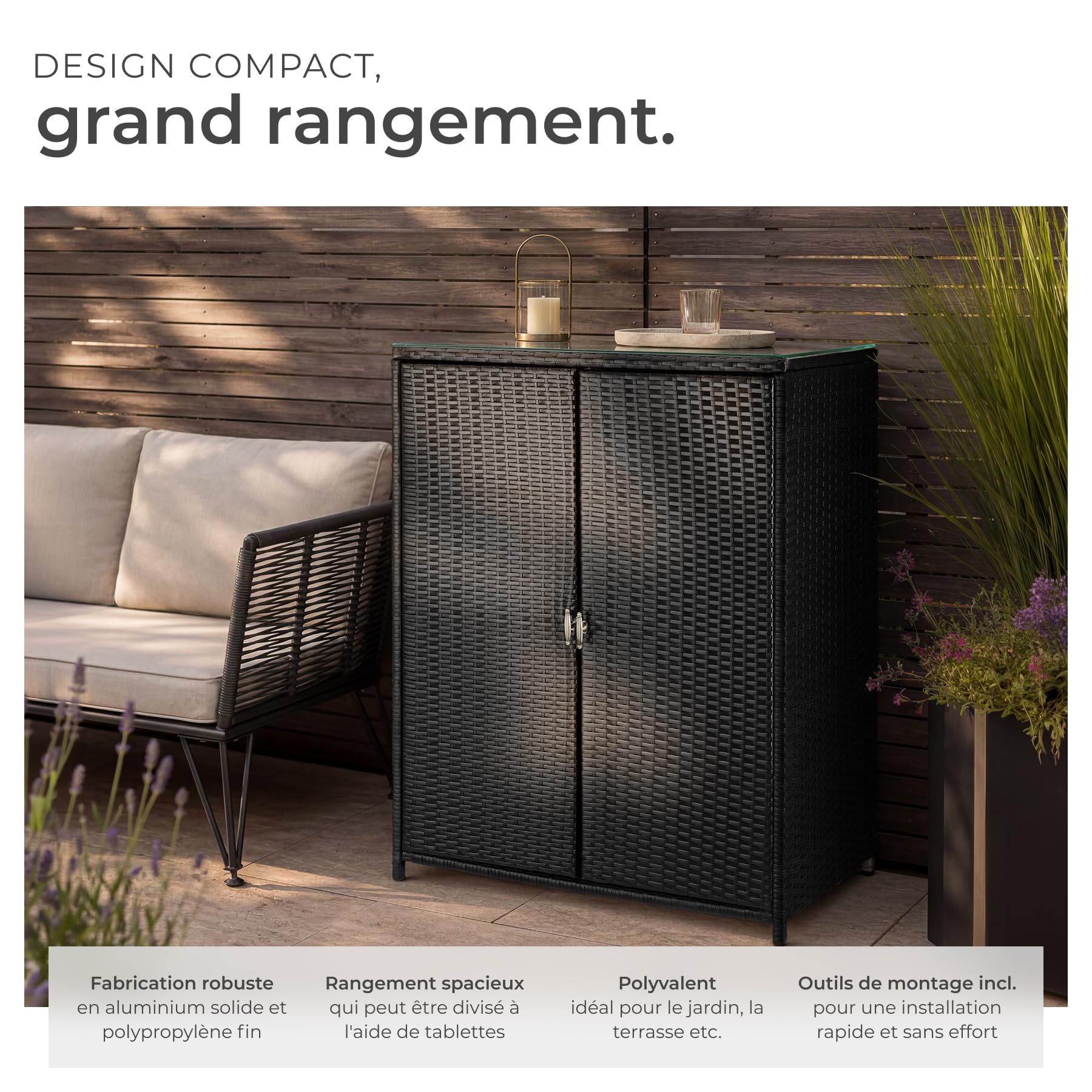 Tectake Armoire de Jardin 84,5x40,5x103,5 cm Résine tressée Aluminium 2 Portes 3 étagères 75 kg