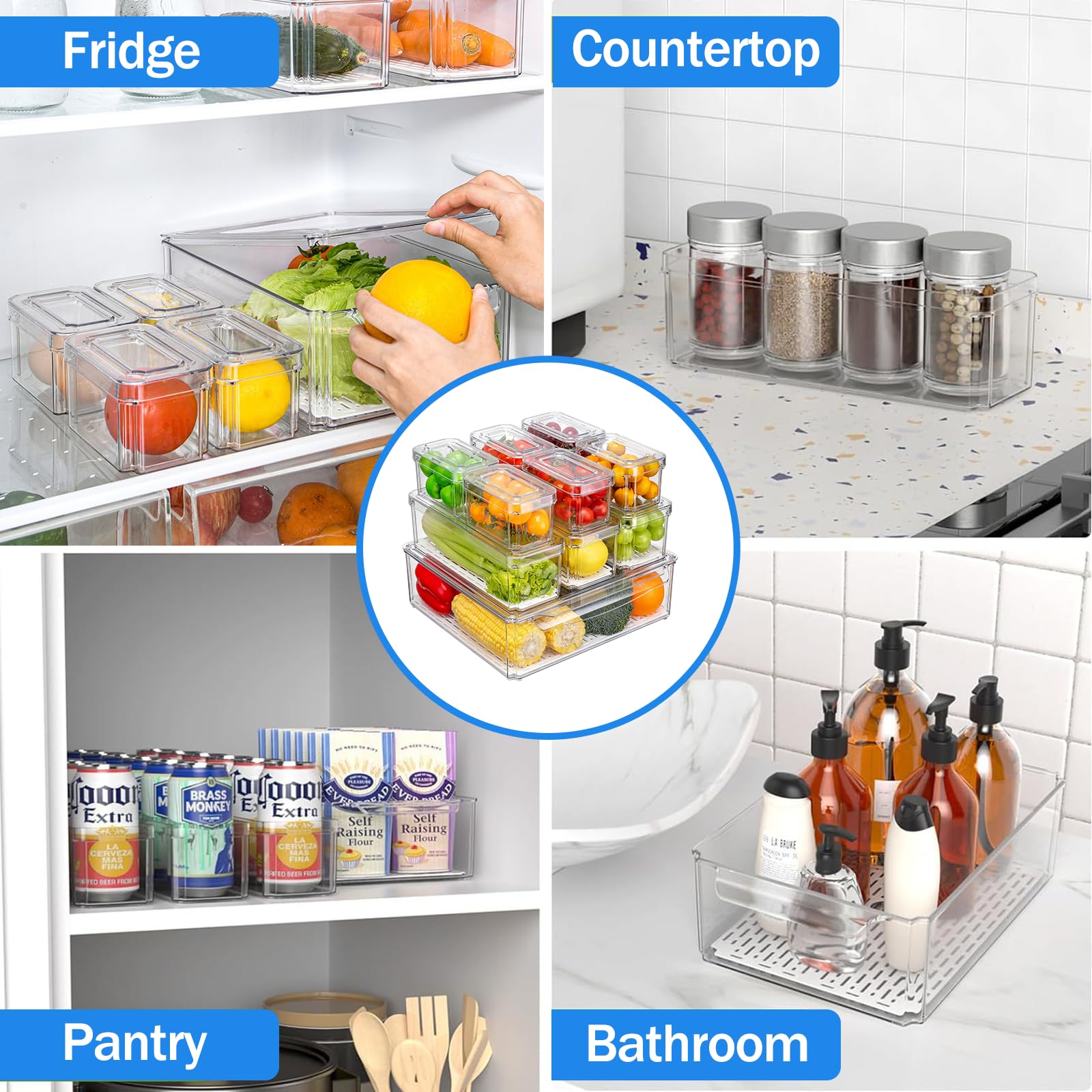 Kühlschrank-Organizer und Aufbewahrungsbehälter, transparent, BPA-frei, mit Deckel, stapelbare Lebensmittelbehälter für Obst, Gemüse, Snacks, Getränke, 10 Stück (1 groß + 3 mittel + 6 klein)