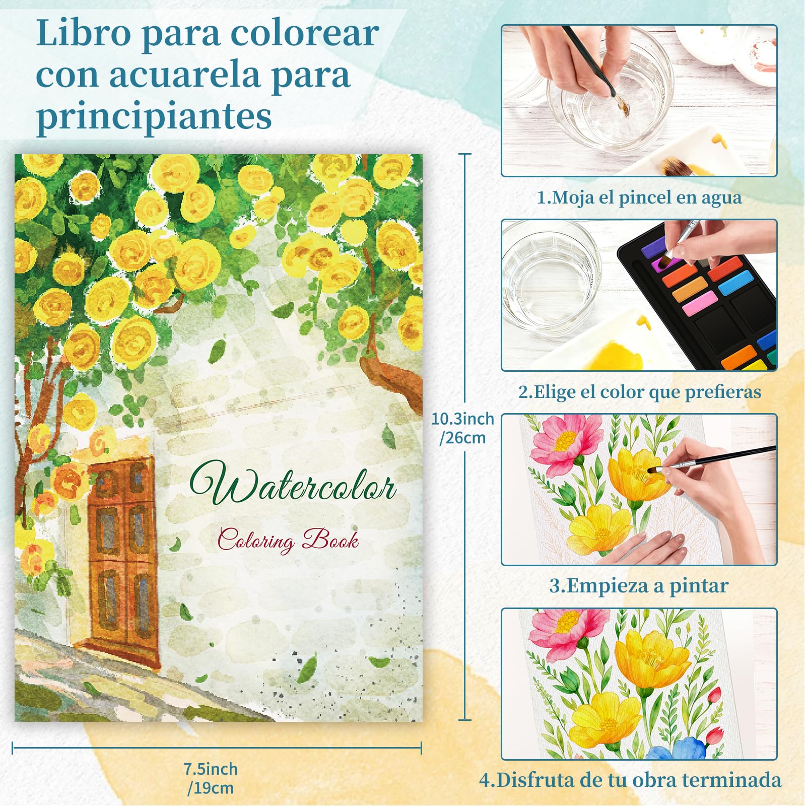 Elfew Libro de Acuarela y 18 Colores, Juego de Libro de Trabajo de Acuarela Para Adultos y Principiantes, Libro Para Colorear Adulto, Papel Acuarela