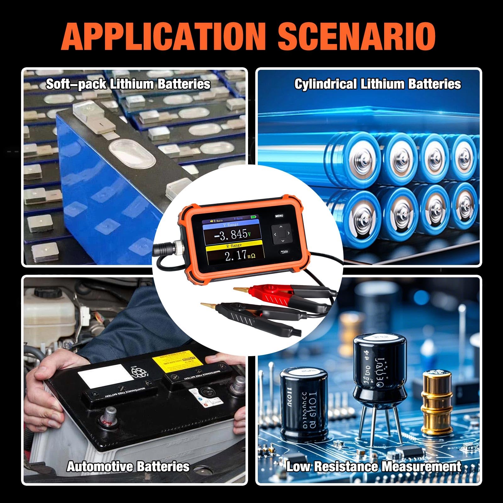 Batterie-Innenwiderstandsmessgerät PBRM-1 mit 4-Draht-Kelvin-Klemmen, 110 V, 100 Ω, 1 kHz Wechselstrom, Tragbares 2,8-Zoll-TFT-Display-Voltmeter, Sortiermodus für Haushalts-/Autobatterietester