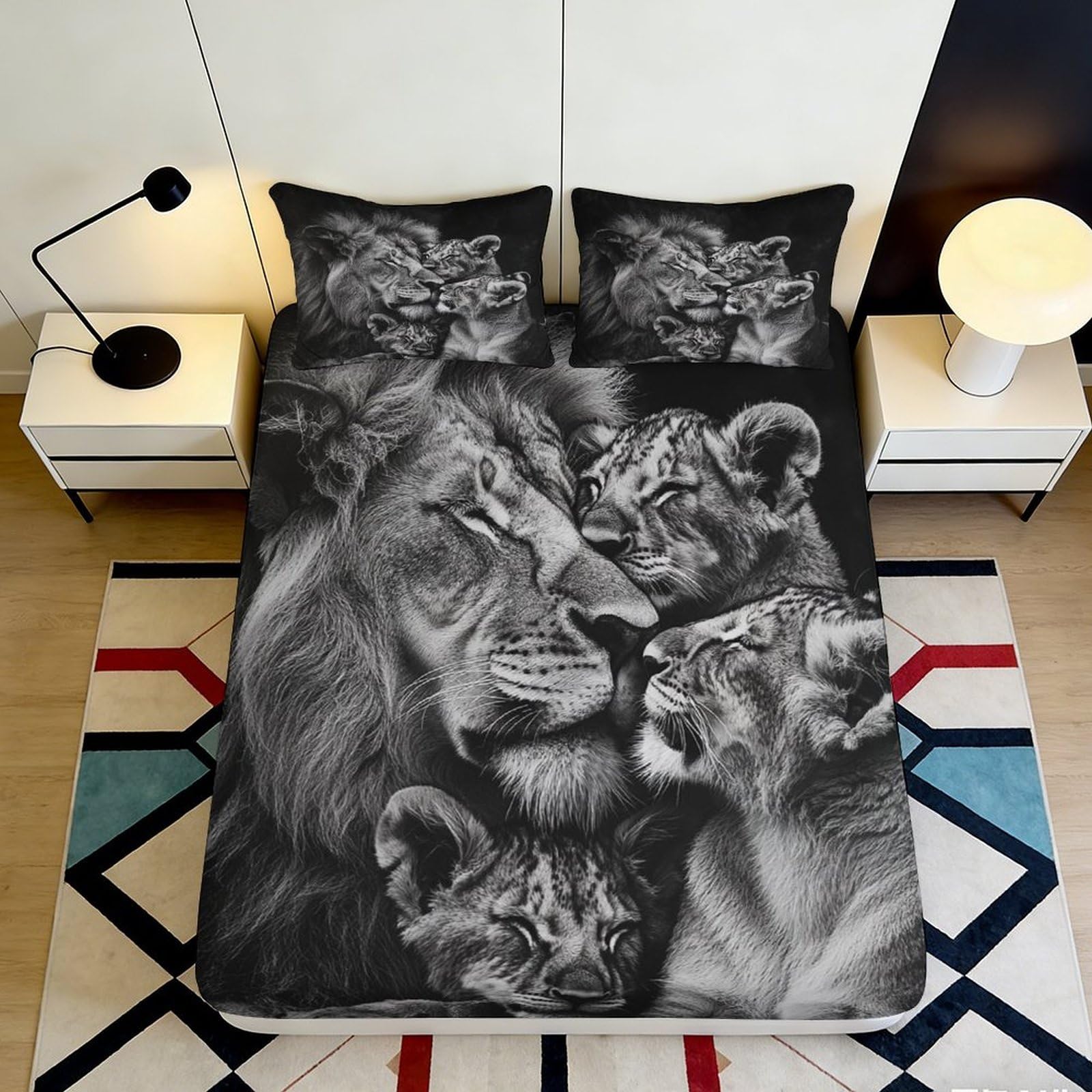 3D Printed Lion Family Fitted Sheet Microfiber Black White Animal Art Mattress Cover for Bedroom Dorm Mattress Decor 90x200x25cm