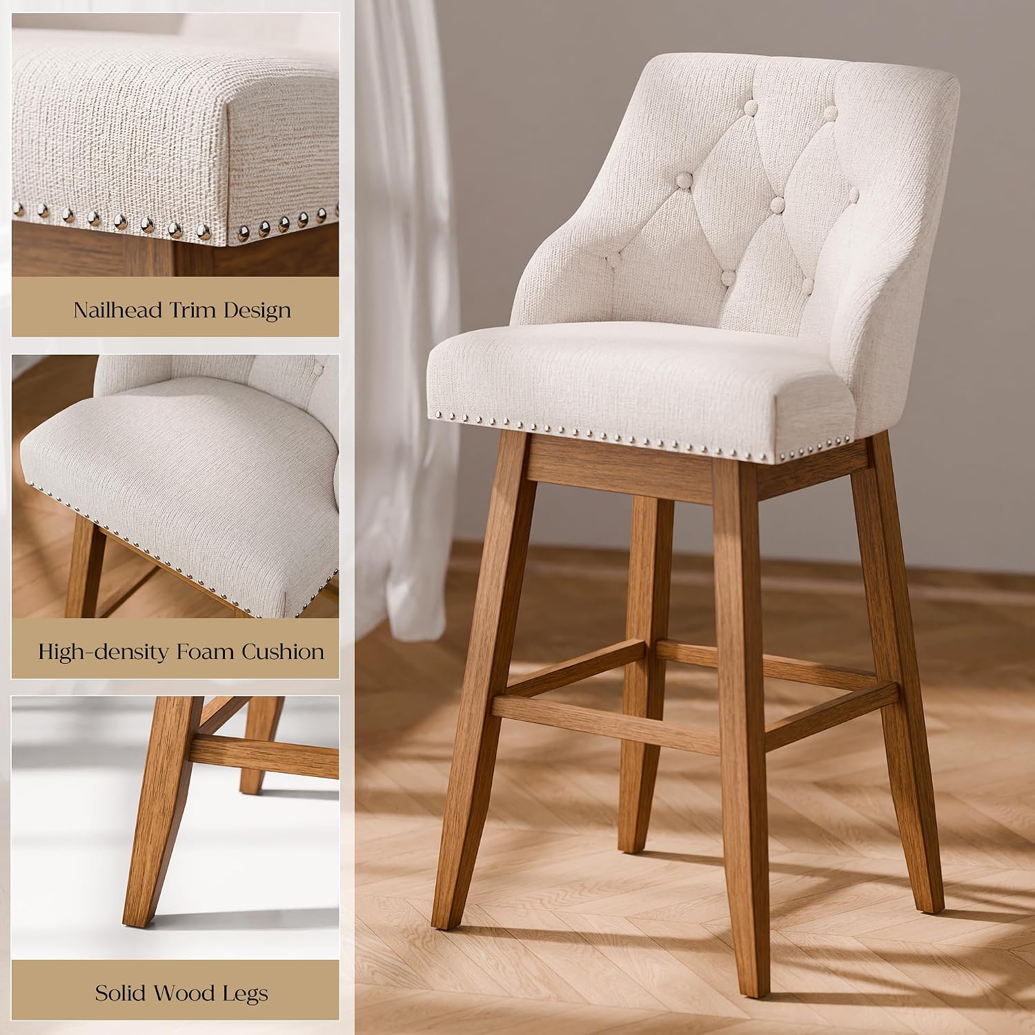 Betterhood 30" Swivel Bar Stools Set of 2, Modern Bar Stools with Upholstered Tufted Backs, Solid Wood Legs and Footrests (Beige, 30" - Set of 2)