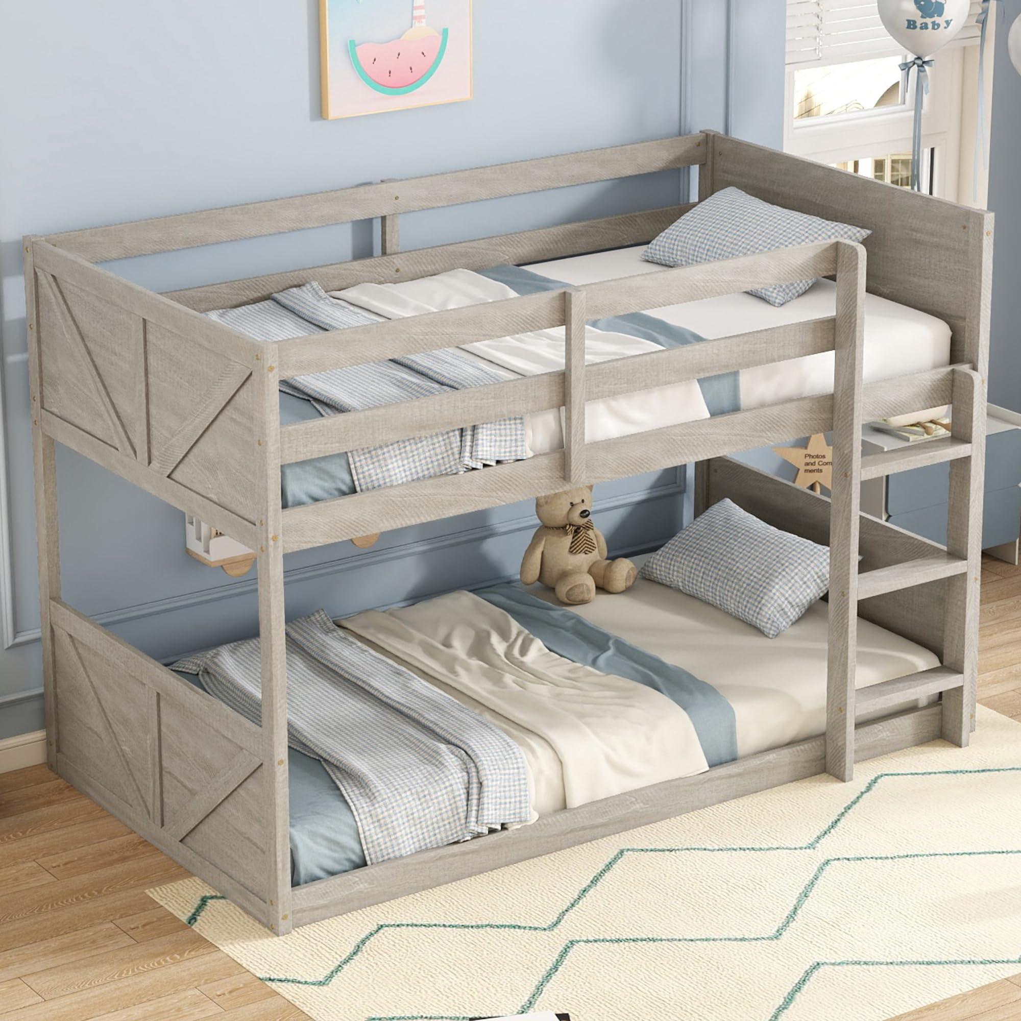 Aurnienofus Low Bunk Beds Twin Over Twin for Kids, Wood Bunk Bed for Juniors/Boys/Girls with Full Guardrails & Ladder, Panelled Headboard & Footboard,