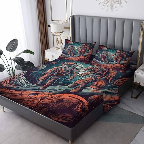Miniatura 1 de NOGAWA Juego de sábanas de astronauta tamaño individual XL, sábanas espaciales, sábanas y fundas de almohada estampadas de 3 piezas, sábana bajera