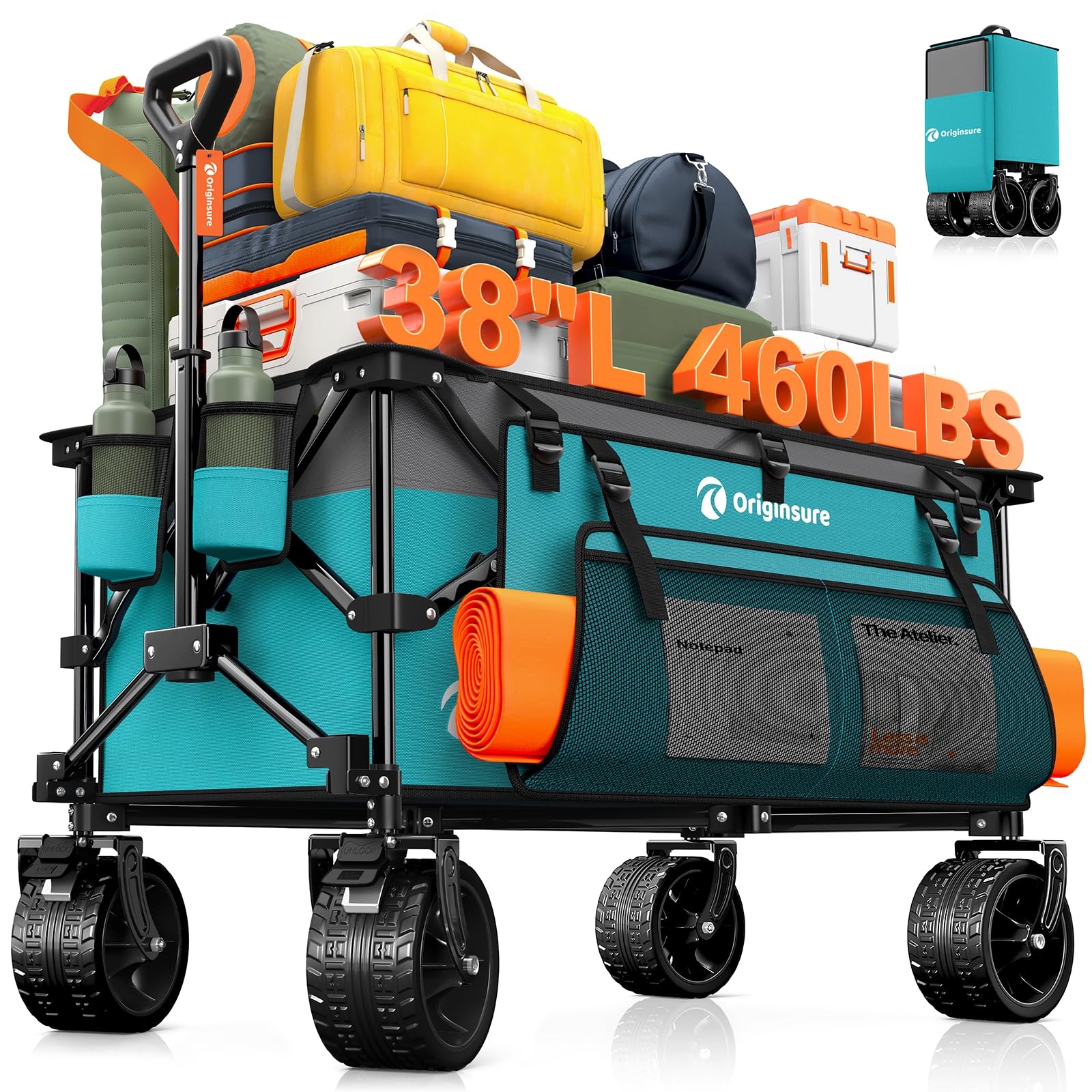 Originsure 220L Foldable Beach Wagon Cart with Big Wheels,460lbs,Turquoise