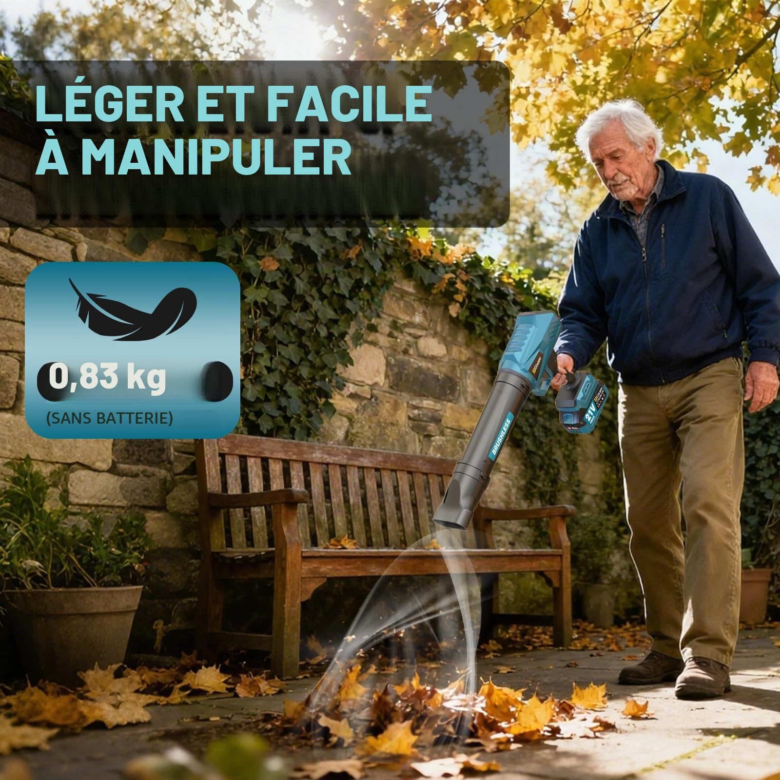 Souffleur de feuilles sans fil, moteur brushless avec 2x4.0Ah batteries, souffleur de feuilles, débit d'air 800m³/h, transmission à variation continue, 3 buses, 0,82 kg léger pour le jardin, les