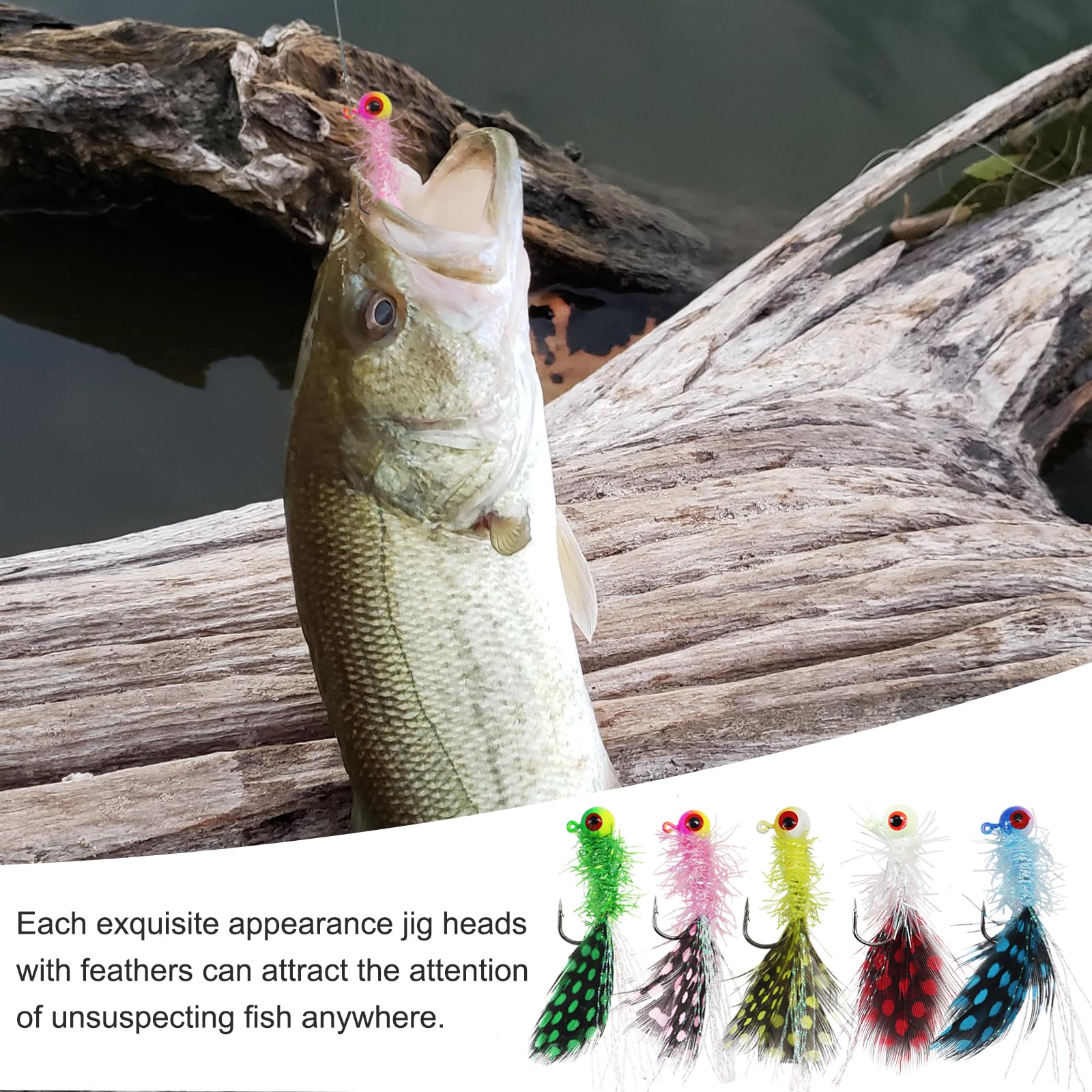 Crappie Jigköpfe Kit, lebensechte Augen, Marabu-Haar-Jigs mit farbiger gepunkteter Feder und scharfen Haken für Panfish Crappie Zander Striper Angeln 1/8 1/14 1/8 1/793.8 g