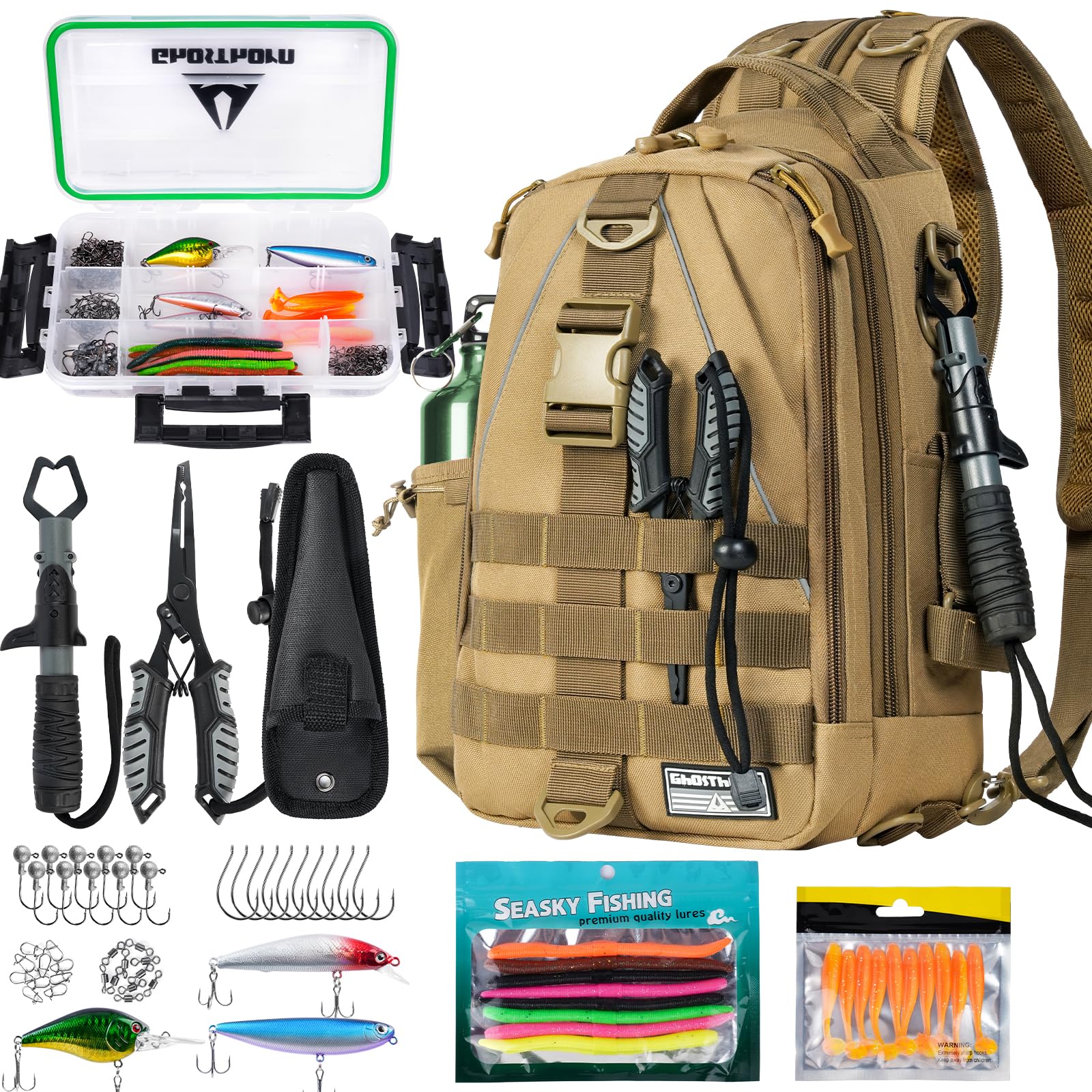Photo 1 of Ghosthorn Fishing Backpack with Tackle Boxes, Fish Pliers, Fish Lip Gripper, Lures, Waterproof Tackle Bag with Rod Holder, Fishing Gear Sling Bag Gift For Men Women Anglers (Khaki)