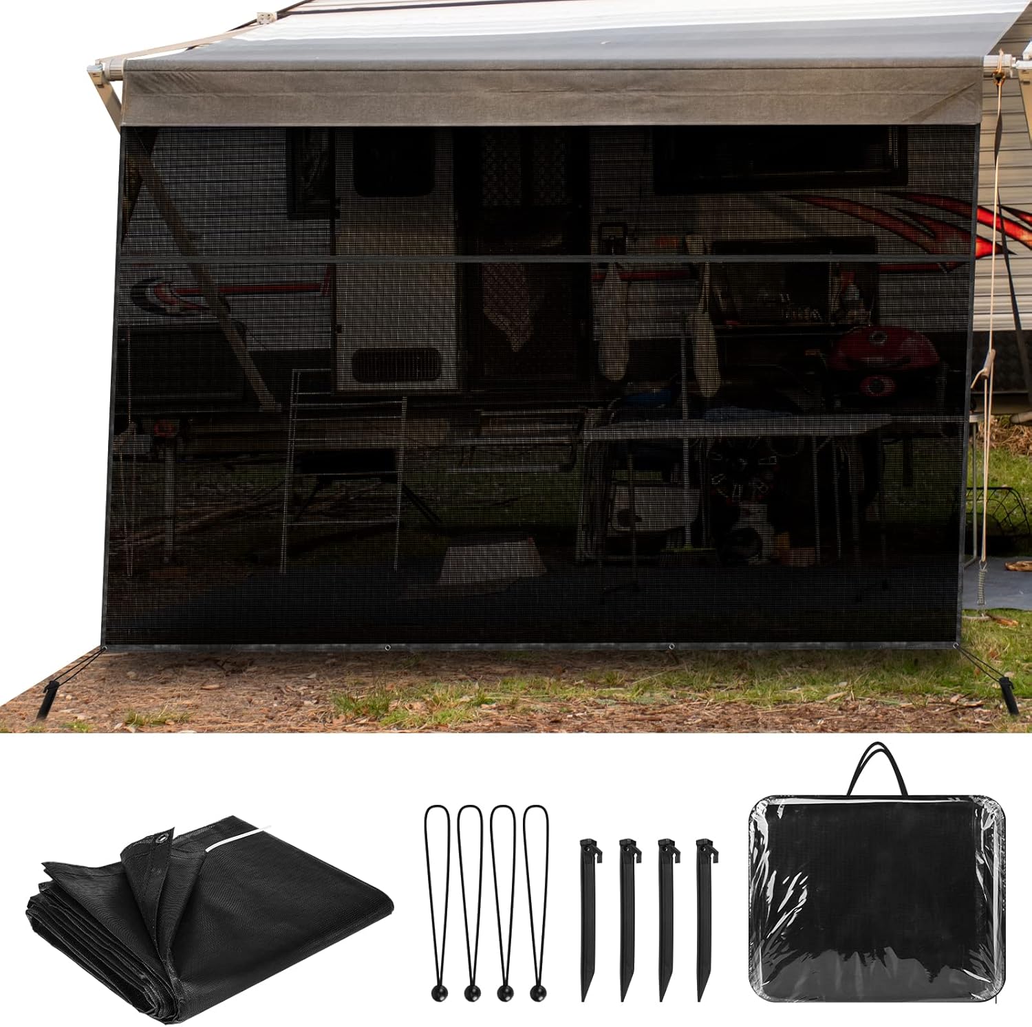 PAULINN RV Awning Front Sunshade Screen 9' X 15', Black